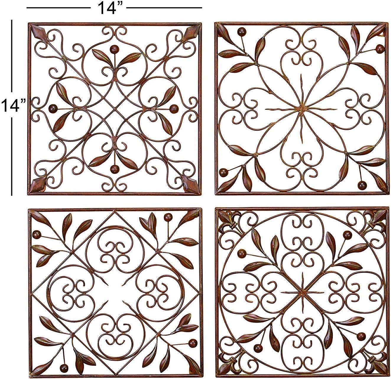 DecMode Rustic Brown Square Metal Wall Décor Set of 4 14"W x 14"H