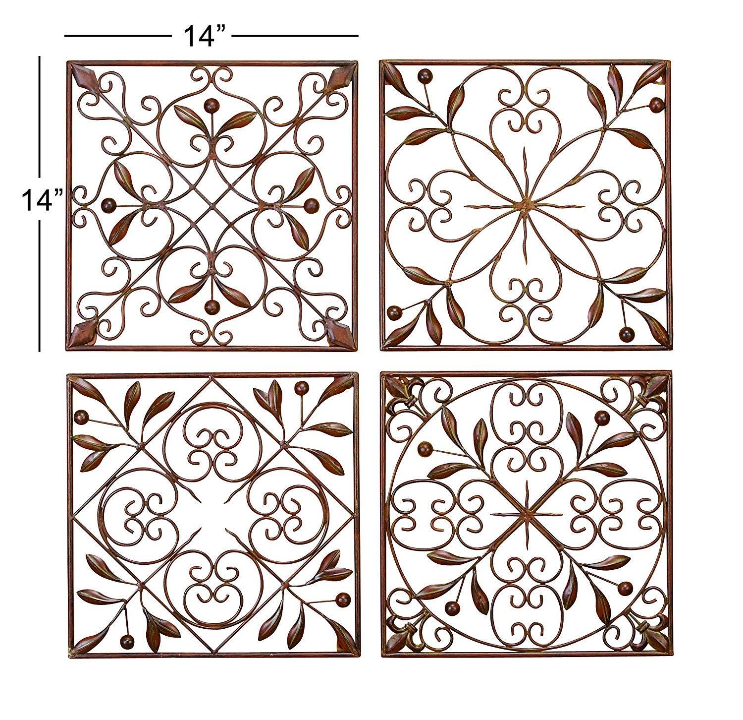 DecMode Rustic Brown Square Metal Wall Décor Set of 4 14"W x 14"H