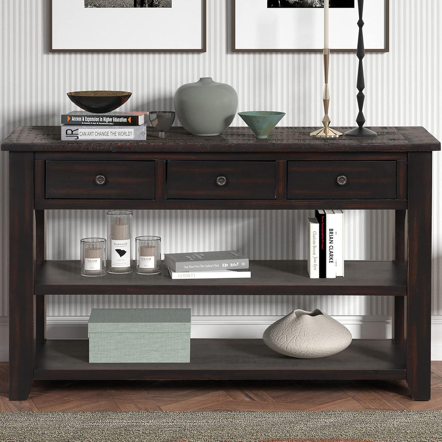 48-Inch Black Pine Wood Console Table with Drawers and Shelves