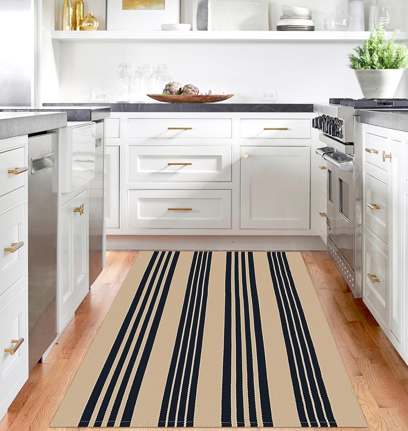 IOHOUZE Navy and White Striped Rug 2'x3' Front Door Rugs, Small Washable Area Rug for Front Porch, Spring Summer Doormats Outdoor Indoor, Cotton Rugs for Entryway Porch Entrance