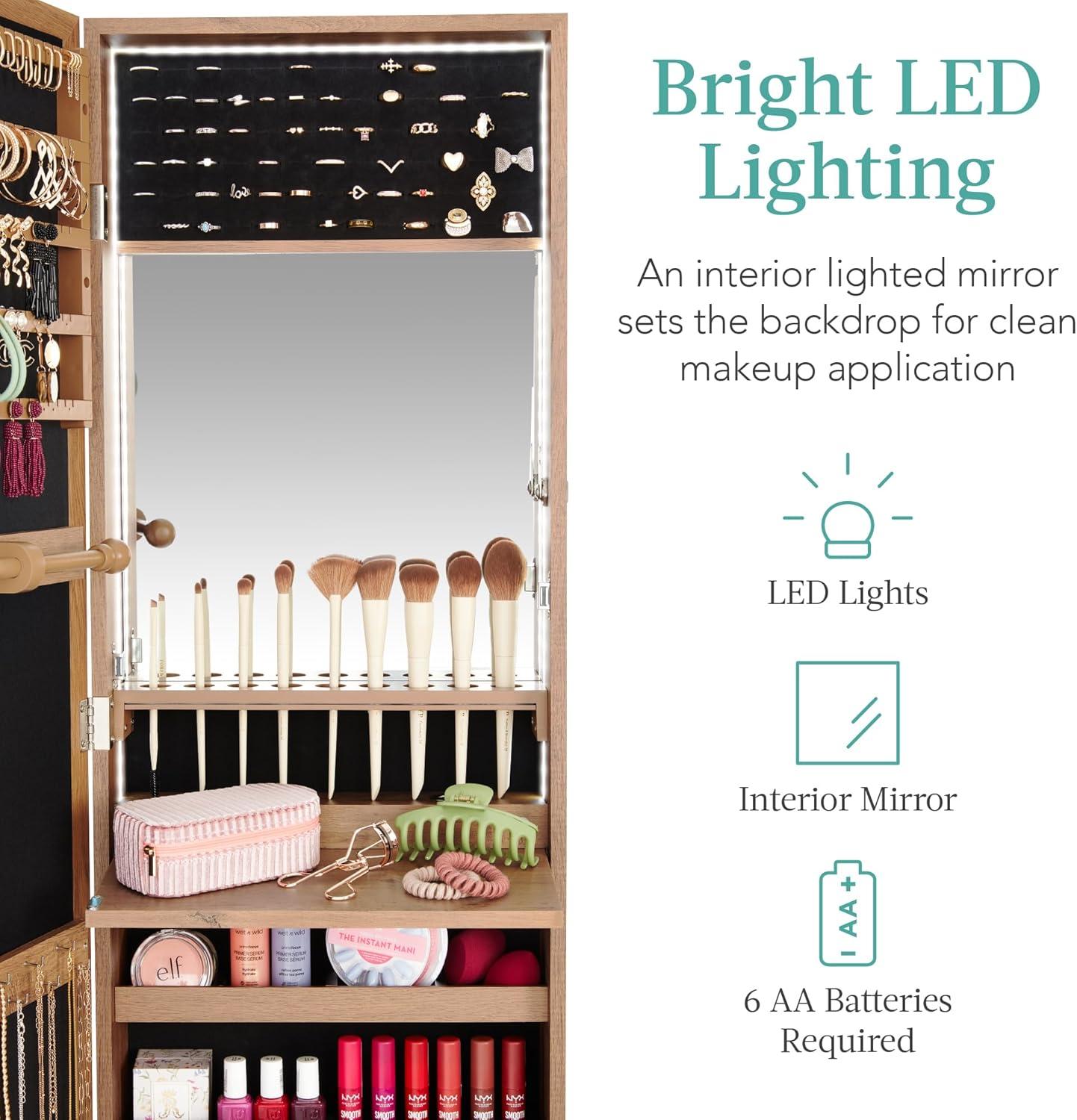 Best Choice Products Hanging Mirror Jewelry Armoire, Door or Wall Mounted Cabinet w/ LED Lights, Lock - Rustic Brown