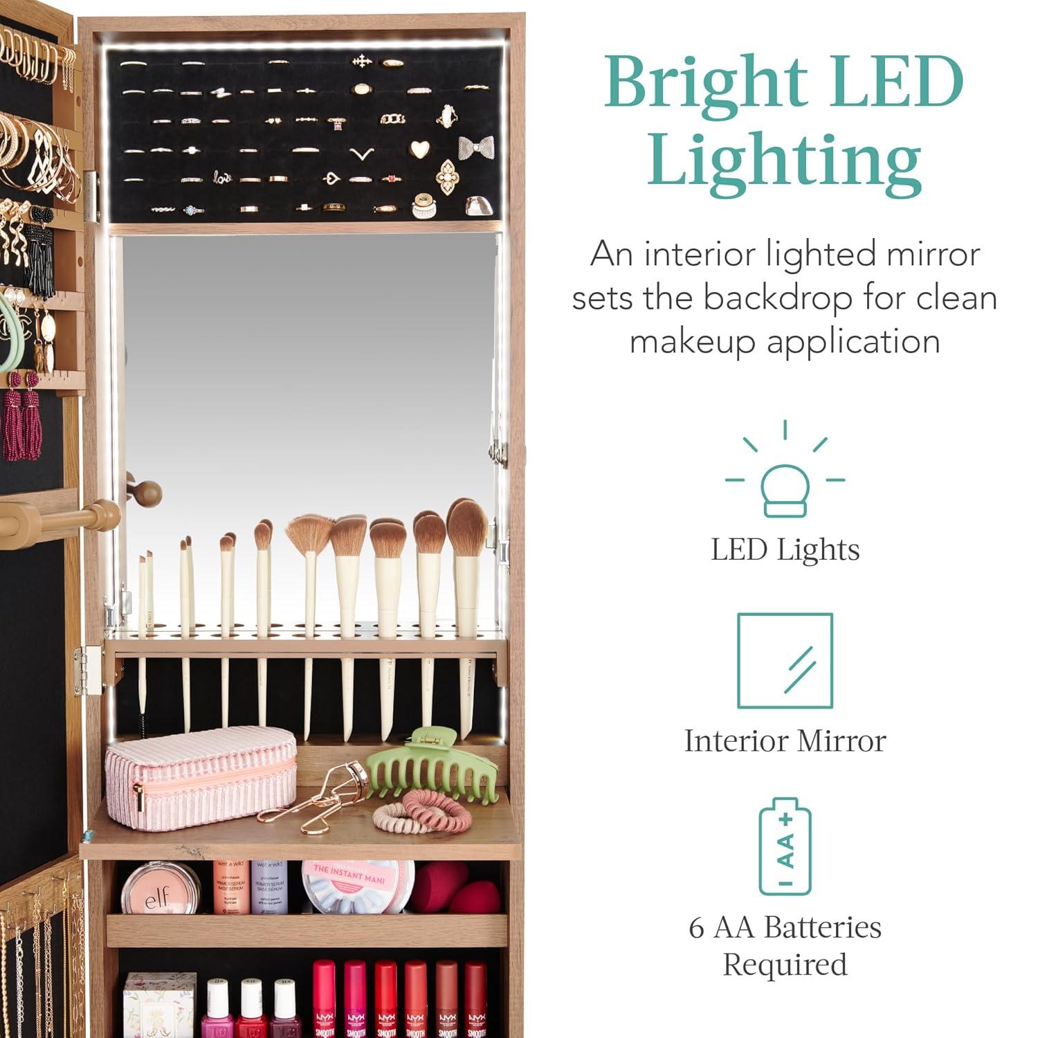 Best Choice Products Hanging Mirror Jewelry Armoire, Door or Wall Mounted Cabinet w/ LED Lights, Lock - Rustic Brown