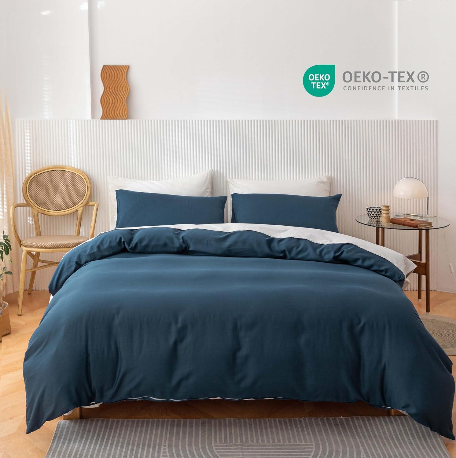 HeimenAogo Egyptian Cotton Duvet Cover Set Queen, Ultra Soft and Breathable Comforter Cover with Zipper Closure, High Thread Count Long Staple Cotton Blanket Cover 3pcs Ensign Blue