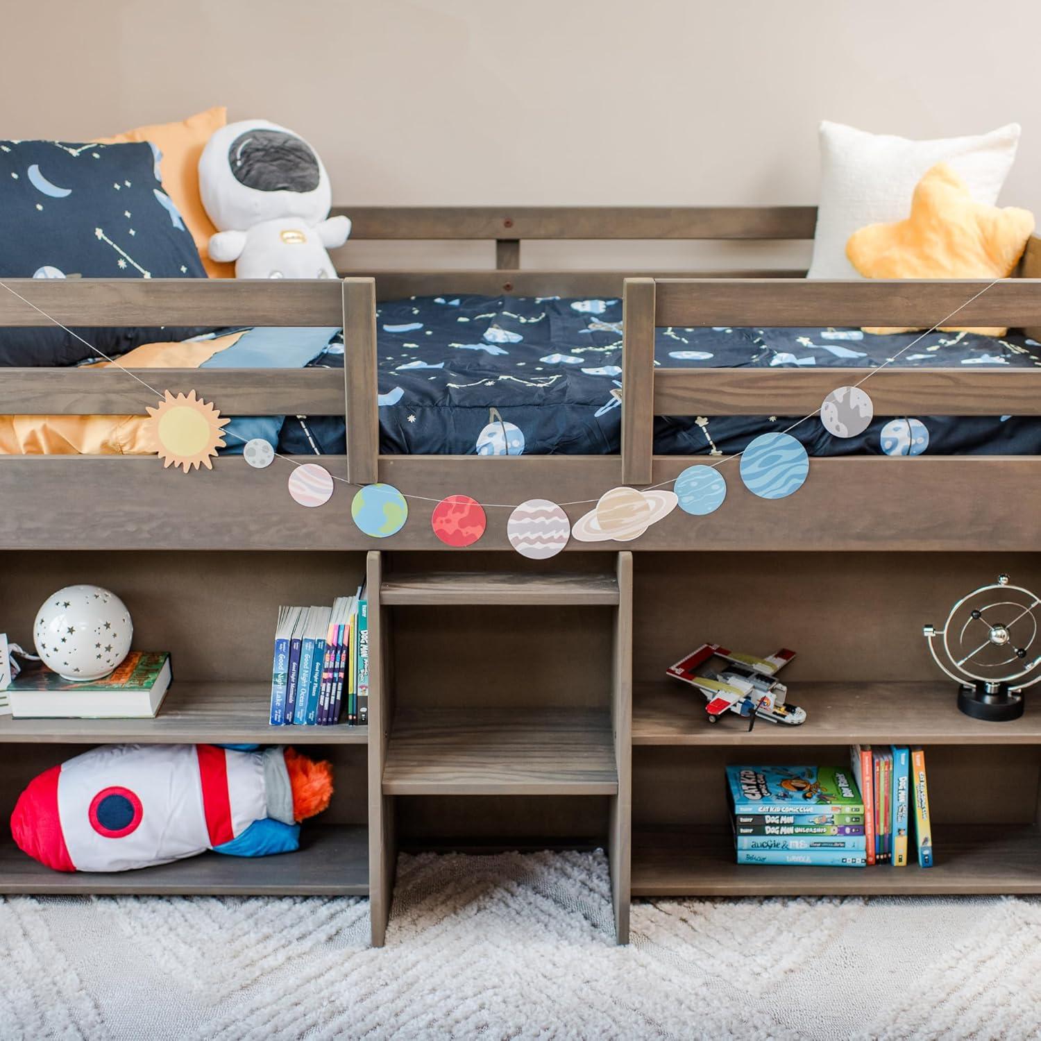 Max & Lily Solid Wood Modern Farmhouse Low Loft Bed, Twin Bed Frame for Kids with 2 Bookcases