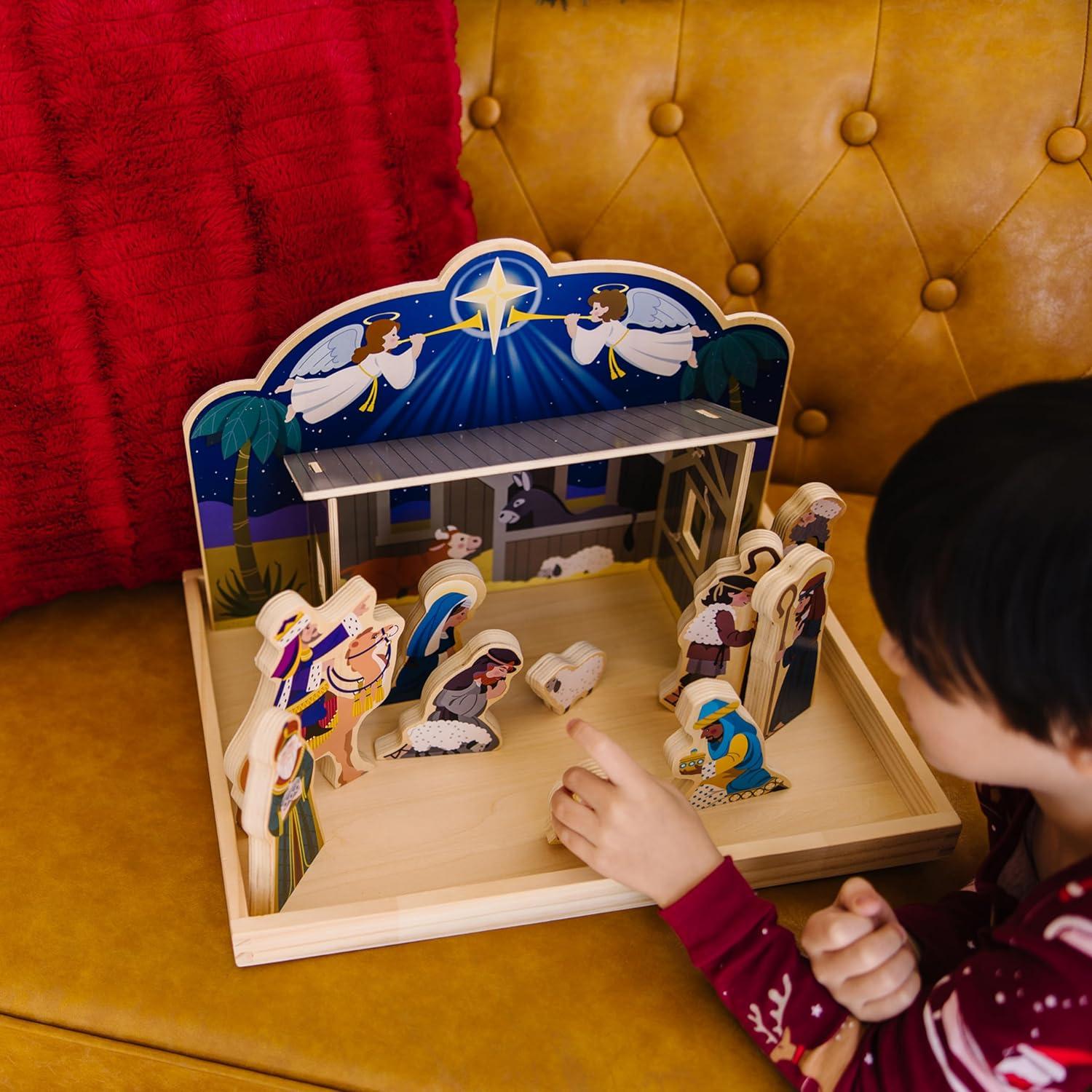 Melissa & Doug Classic Wooden Christmas Nativity Set With 4-Piece Stable and 11 Wooden Figures