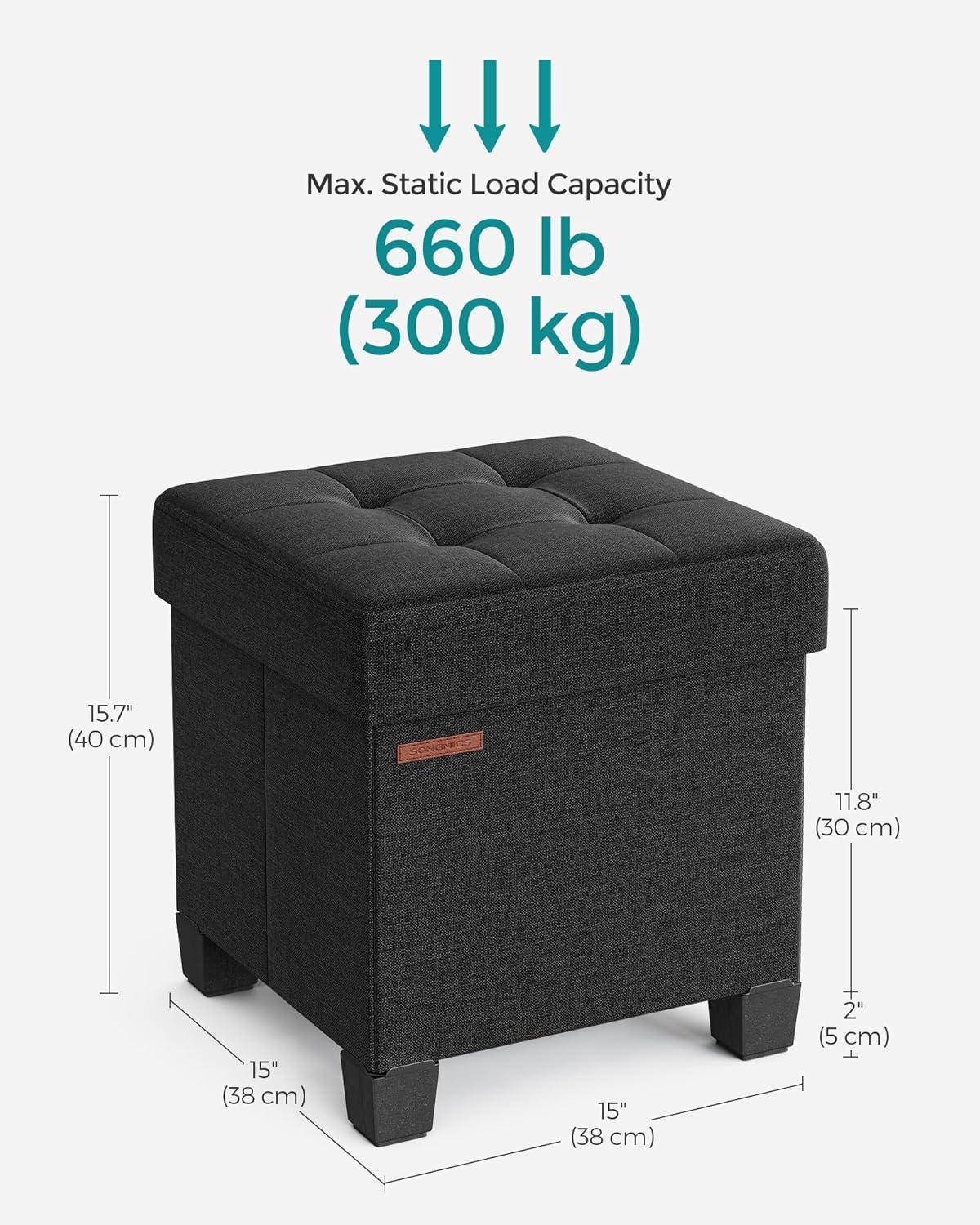 15" Black Linen Storage Ottoman with Plastic Feet