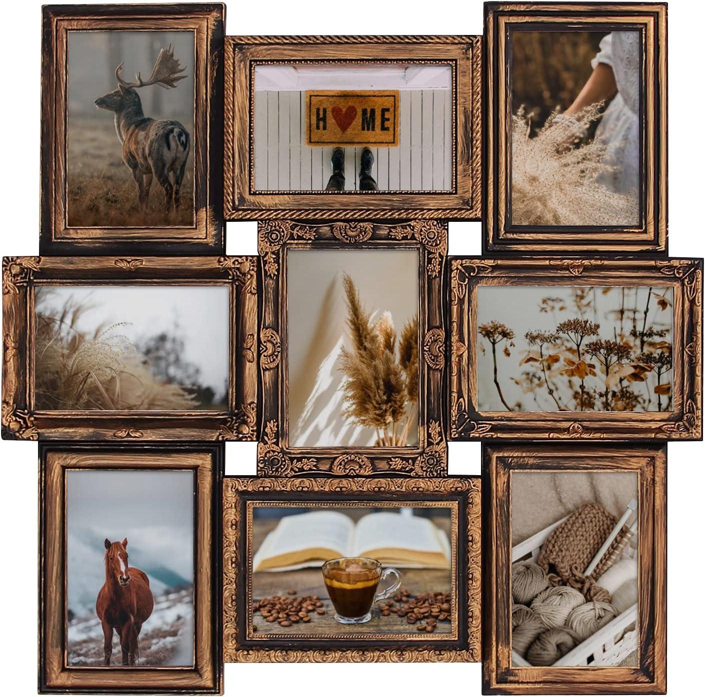 J.M.Deco Picture Frame Sets for Wall, 9 Opening Collage Frame, 6 x 4 With Family Friend's Memory, Rustic Distressed Photo Frame Wall Hanging for 4x6, Gold