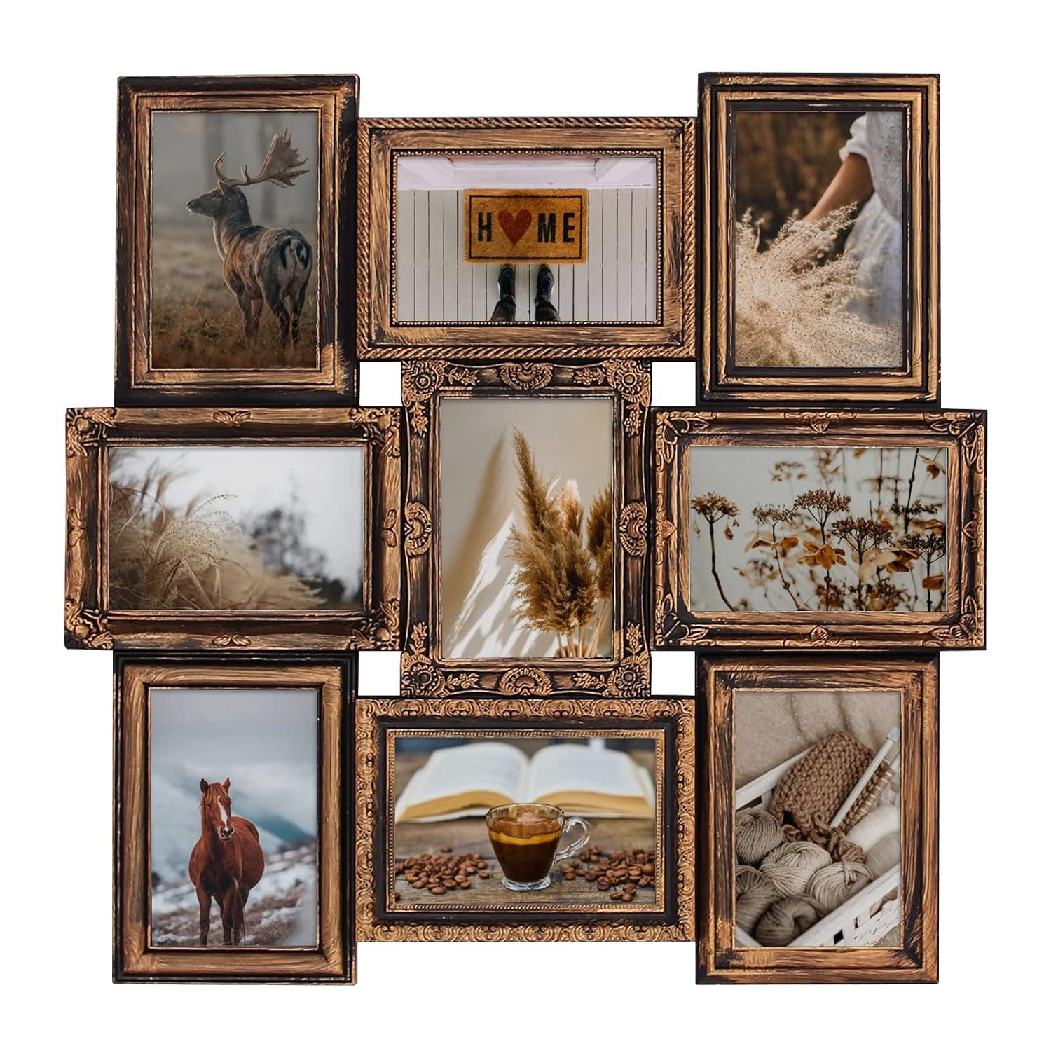 J.M.Deco Picture Frame Sets for Wall, 9 Opening Collage Frame, 6 x 4 With Family Friend's Memory, Rustic Distressed Photo Frame Wall Hanging for 4x6, Gold