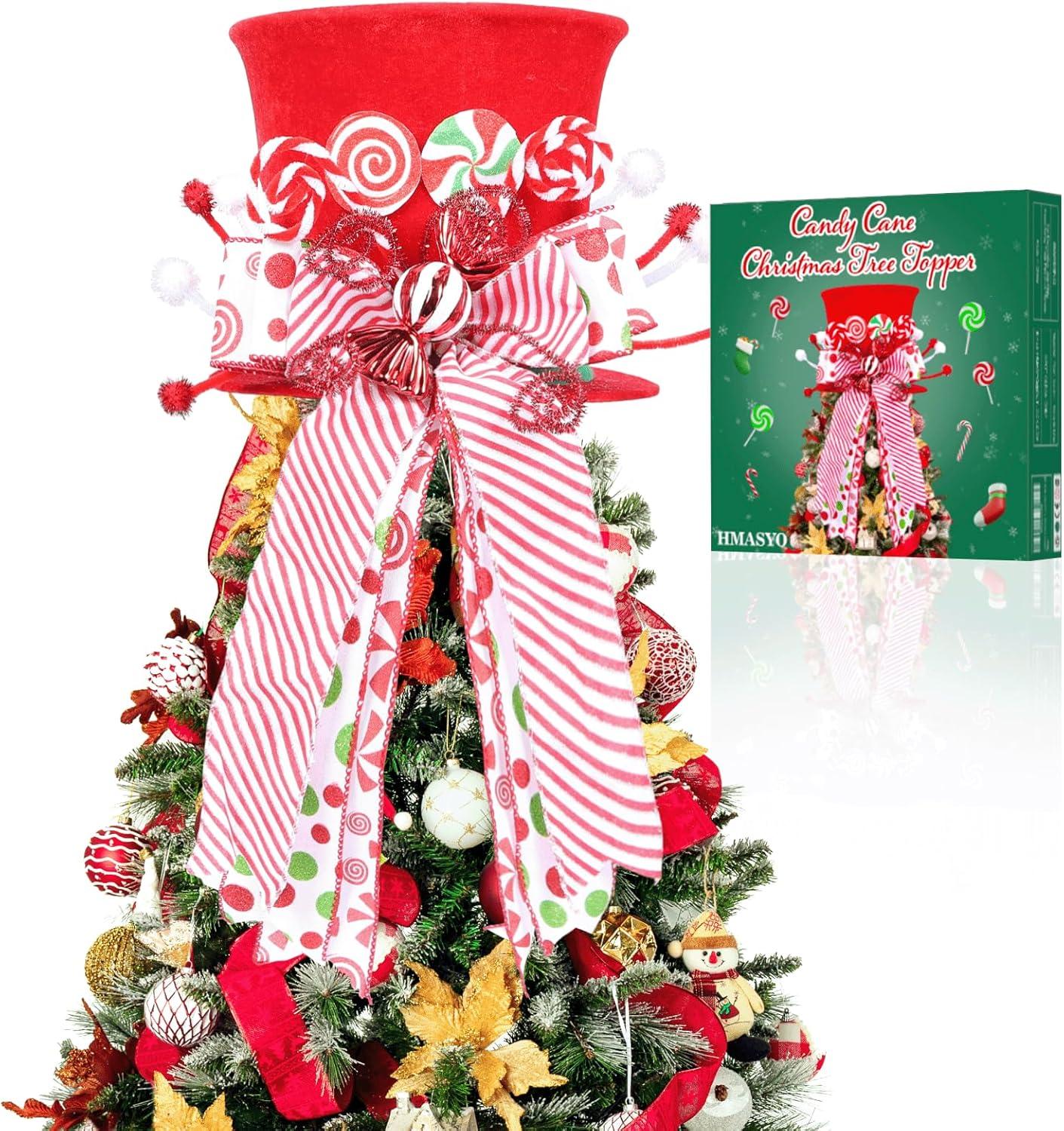 Xchenda Christmas Tree Topper Large Red Tree Topper Hat with Candy Peppermint Bows Ribbon Ornament Top Hat for Home Holiday Tree Decoration Xmas Gift