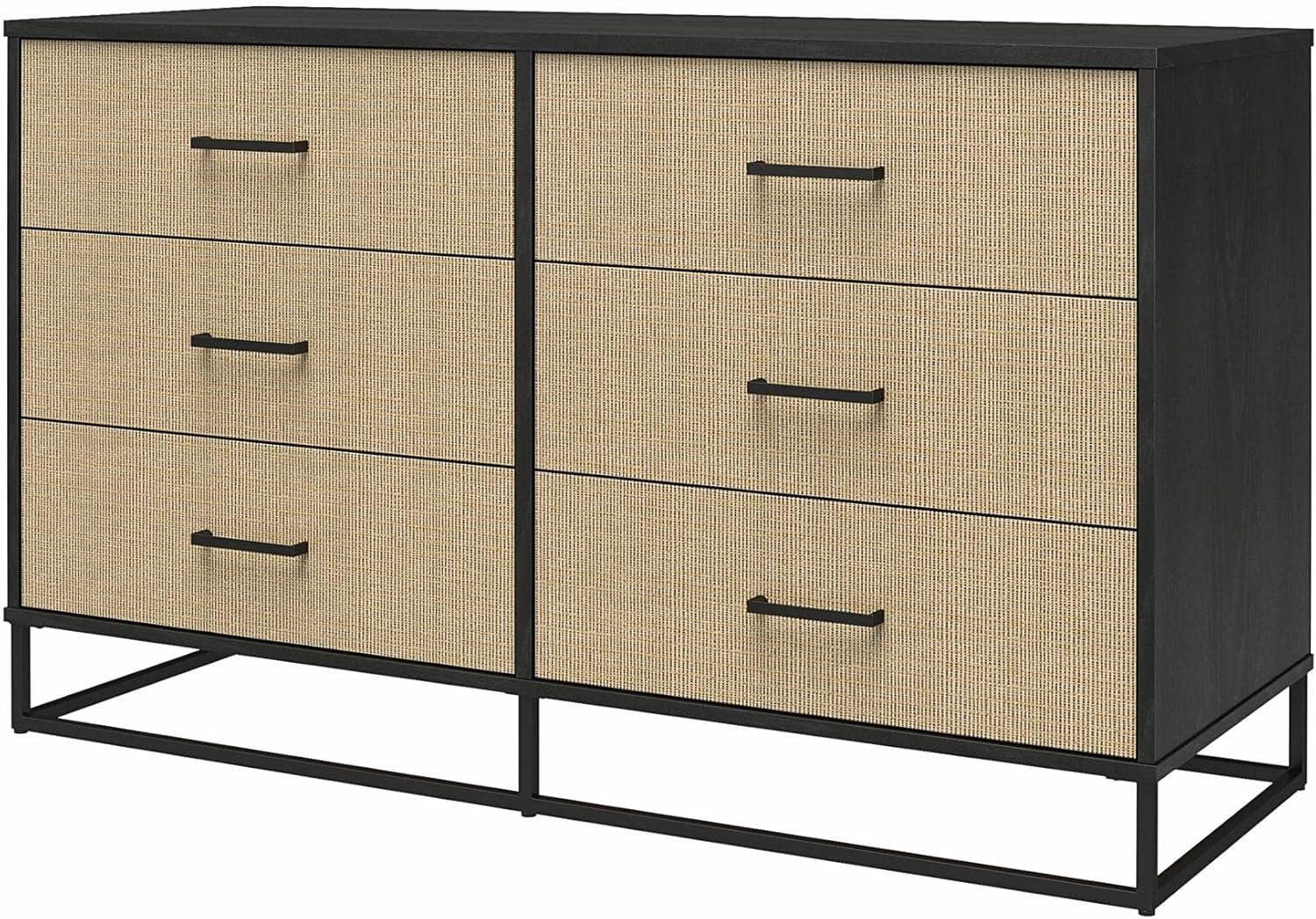 Coastal Black Oak & Faux Rattan 6-Drawer Dresser