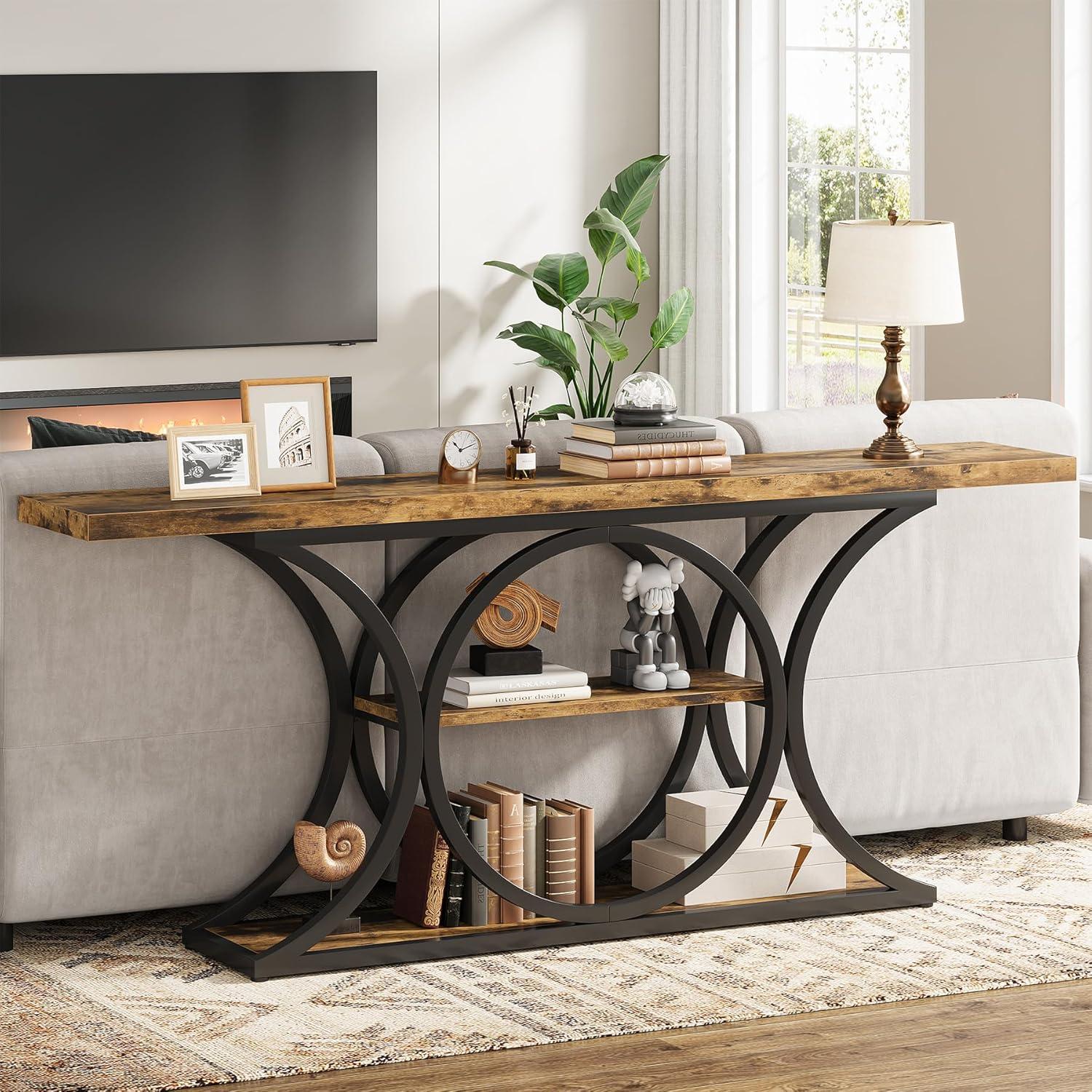 63 Inch Rustic Brown and Black Wood Metal Console Table with Storage