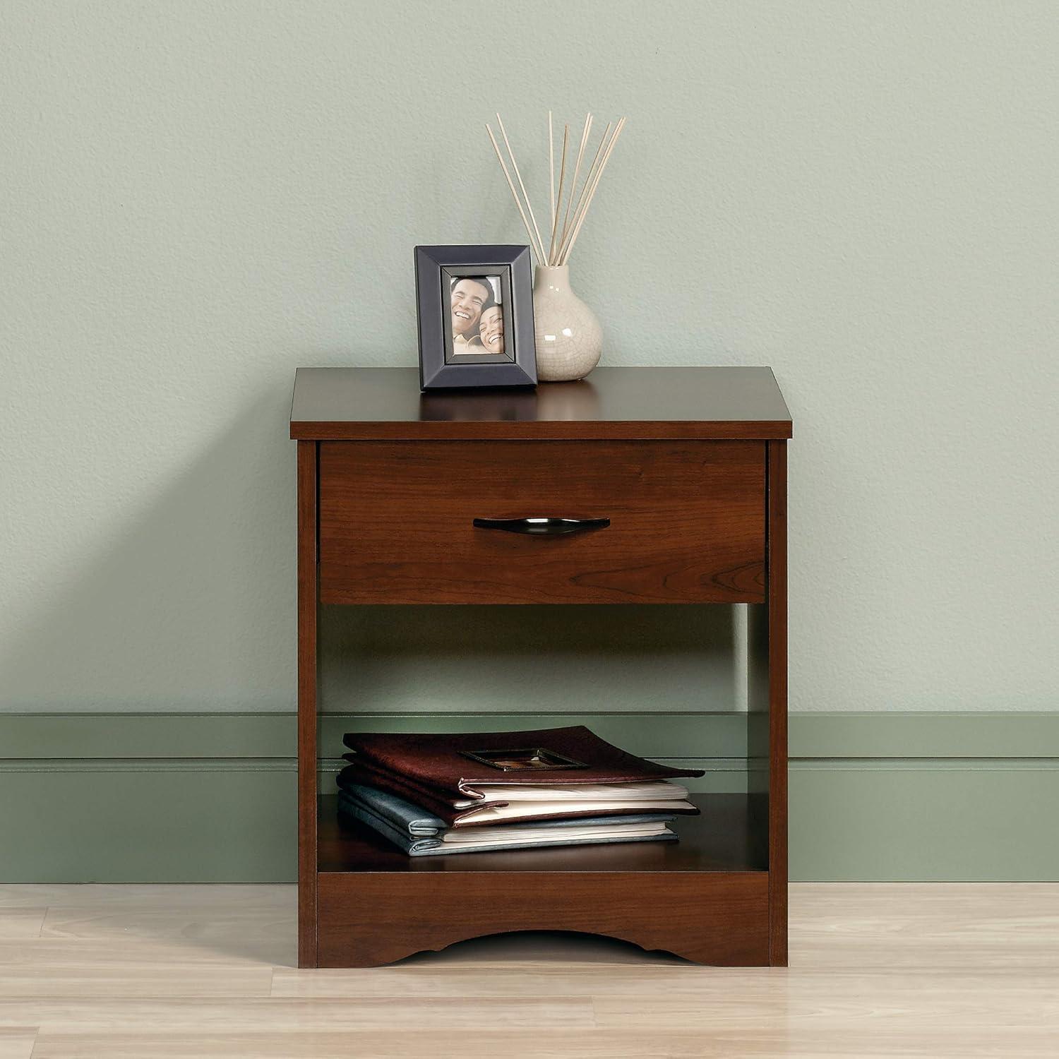 Beginnings Nightstand: Sauder Cinnamon Cherry, Open Shelf, Metal Hardware, CARB Certified