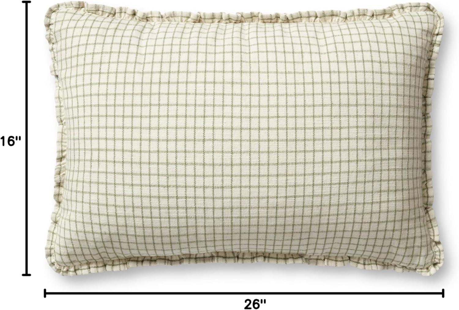 Ivory and Moss Cotton Gridded Throw Pillow with Ruffles, 16'' x 26''