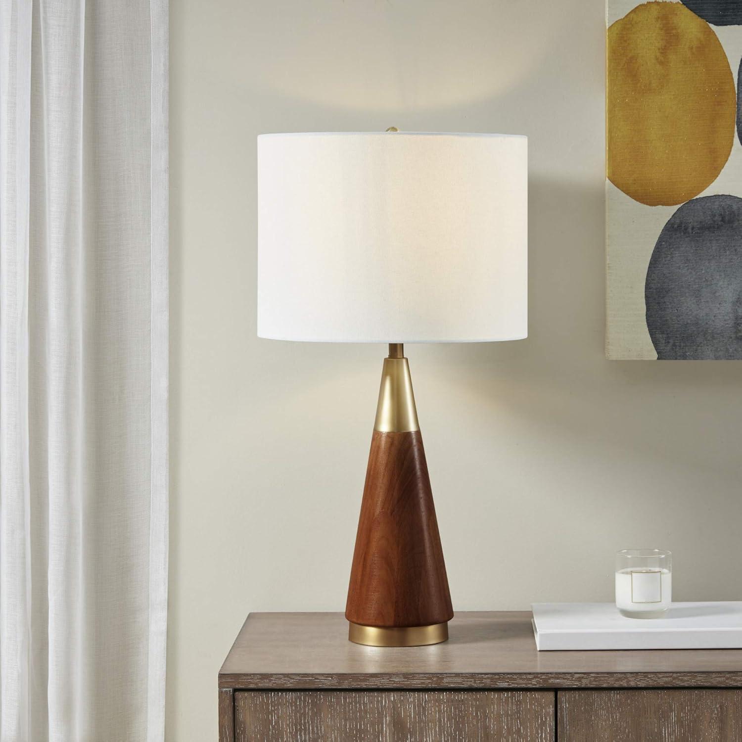 Gold and Brown Mid Century Modern Table Lamp with White Shade