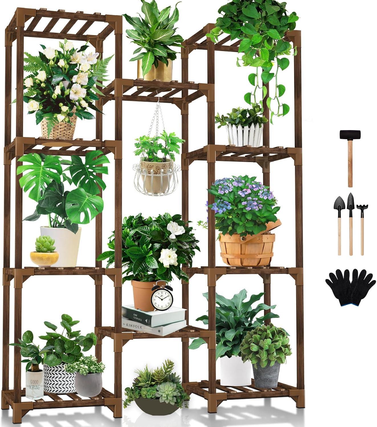 Tall Brown Multi-Tiered Wood Plant Stand with 10 Shelves