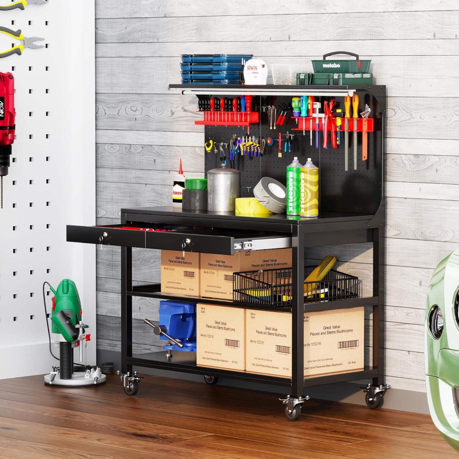 Black Heavy-Duty Steel Garage Workbench with Pegboard and Drawers