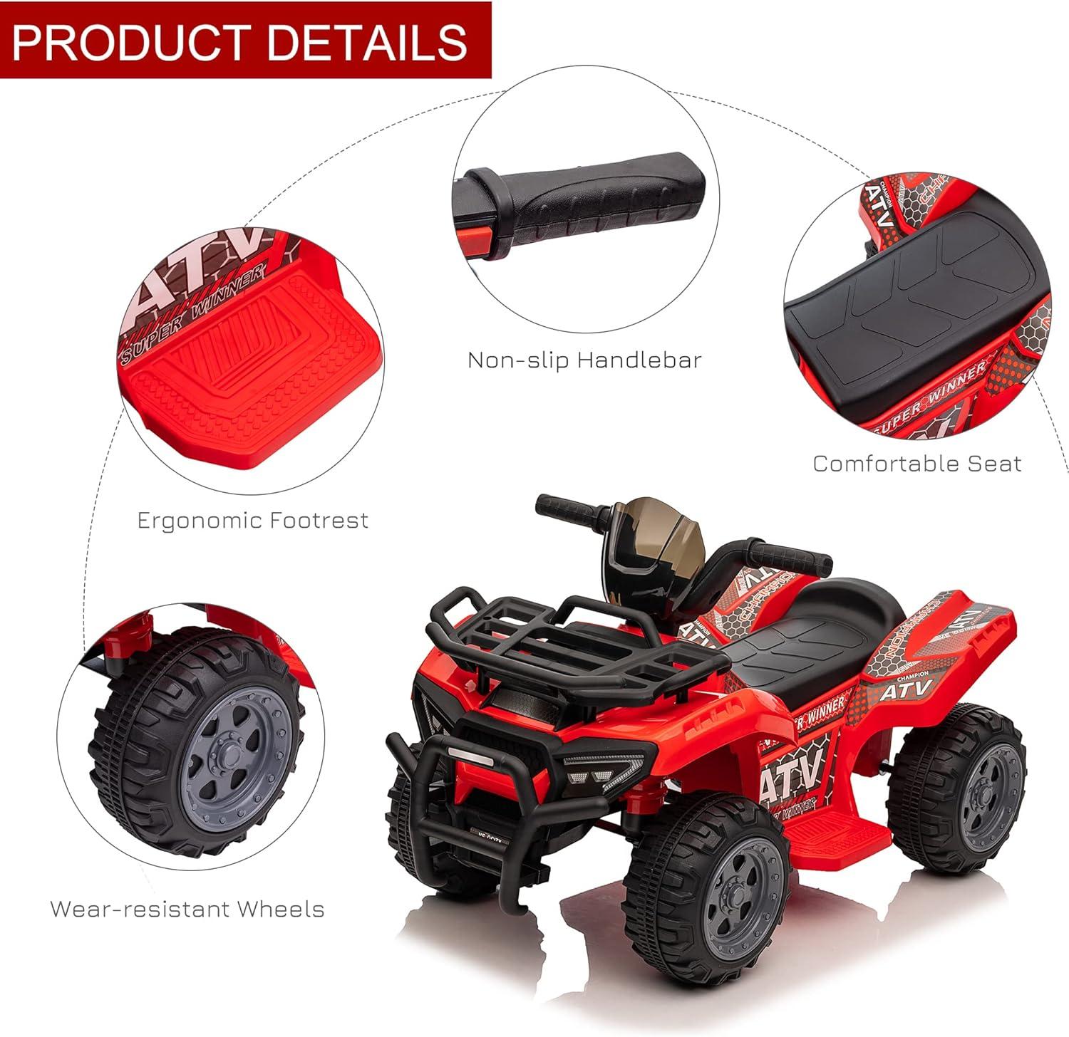 Aosom Kids ATV Four Wheeler Ride on Car, Motorized Quad, 6V Battery Powered Electric Quad with Songs for 18-36 Months, Red