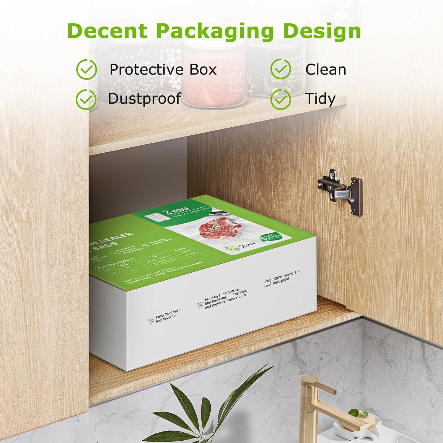 Bonsenkitchen Vacuum Sealer Bags, 11 in x 50 ft Rolls 2 Pack, BPA Free, Commercial Grade Textured Food Roll Bags, Customized Size, Sous Vide Cooking