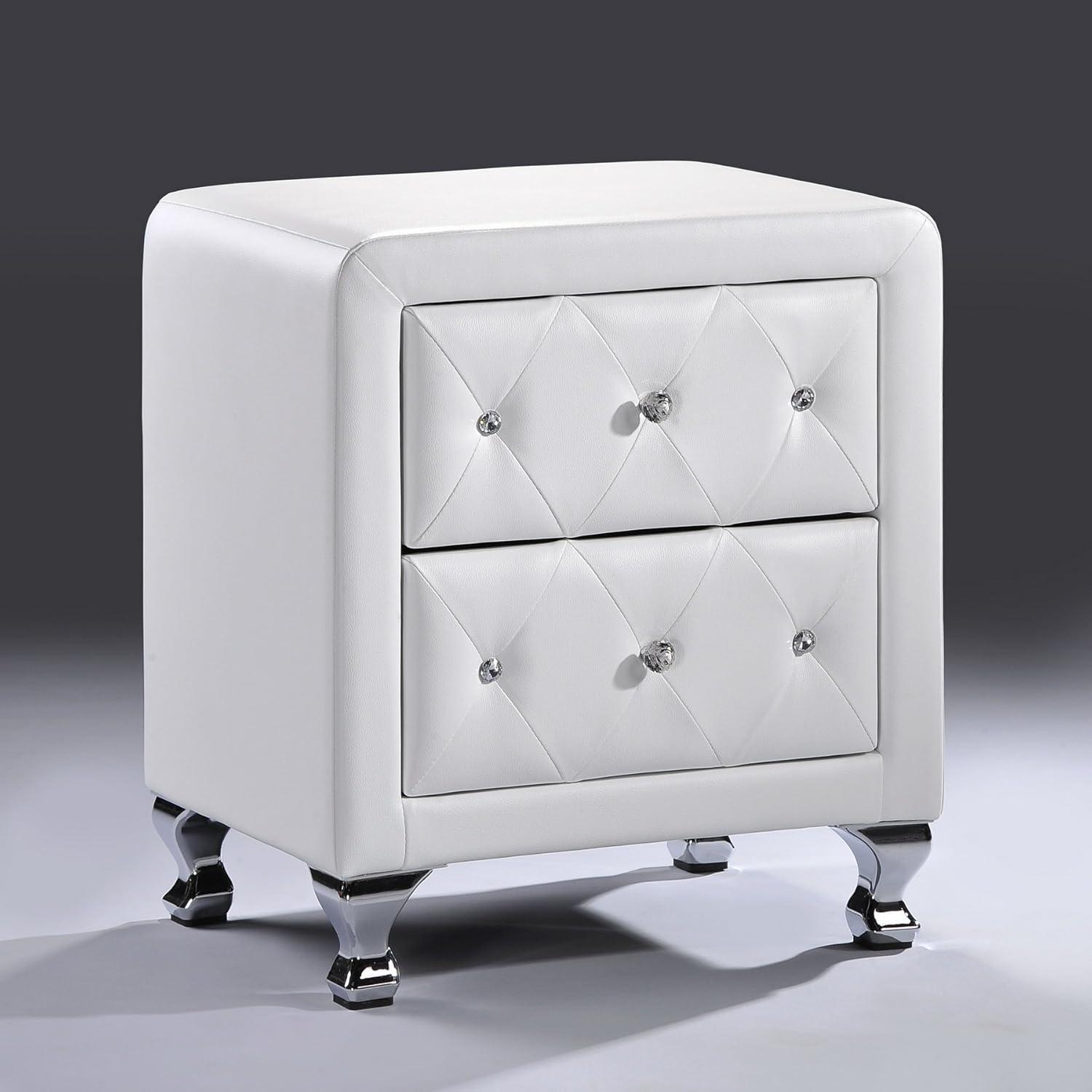 Baxton Studio Stella Crystal Tufted White Upholstered Modern Nightstand