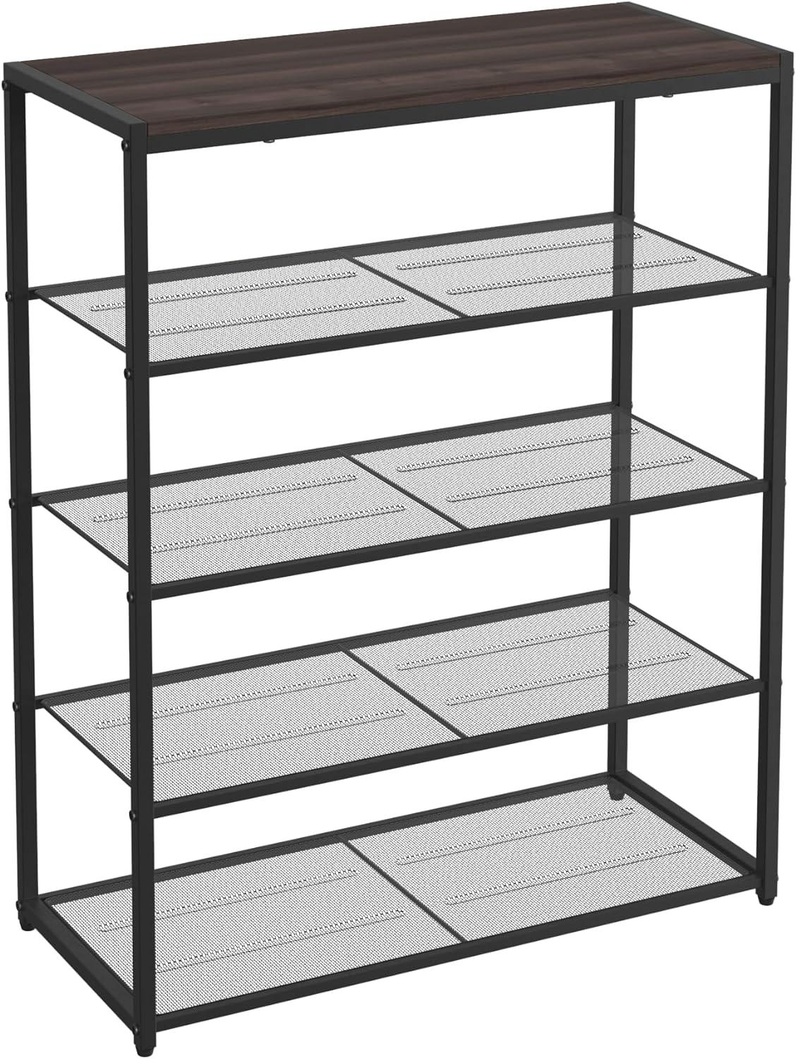 Walnut and Black 5-Tier Metal Shoe Rack with Wood Top