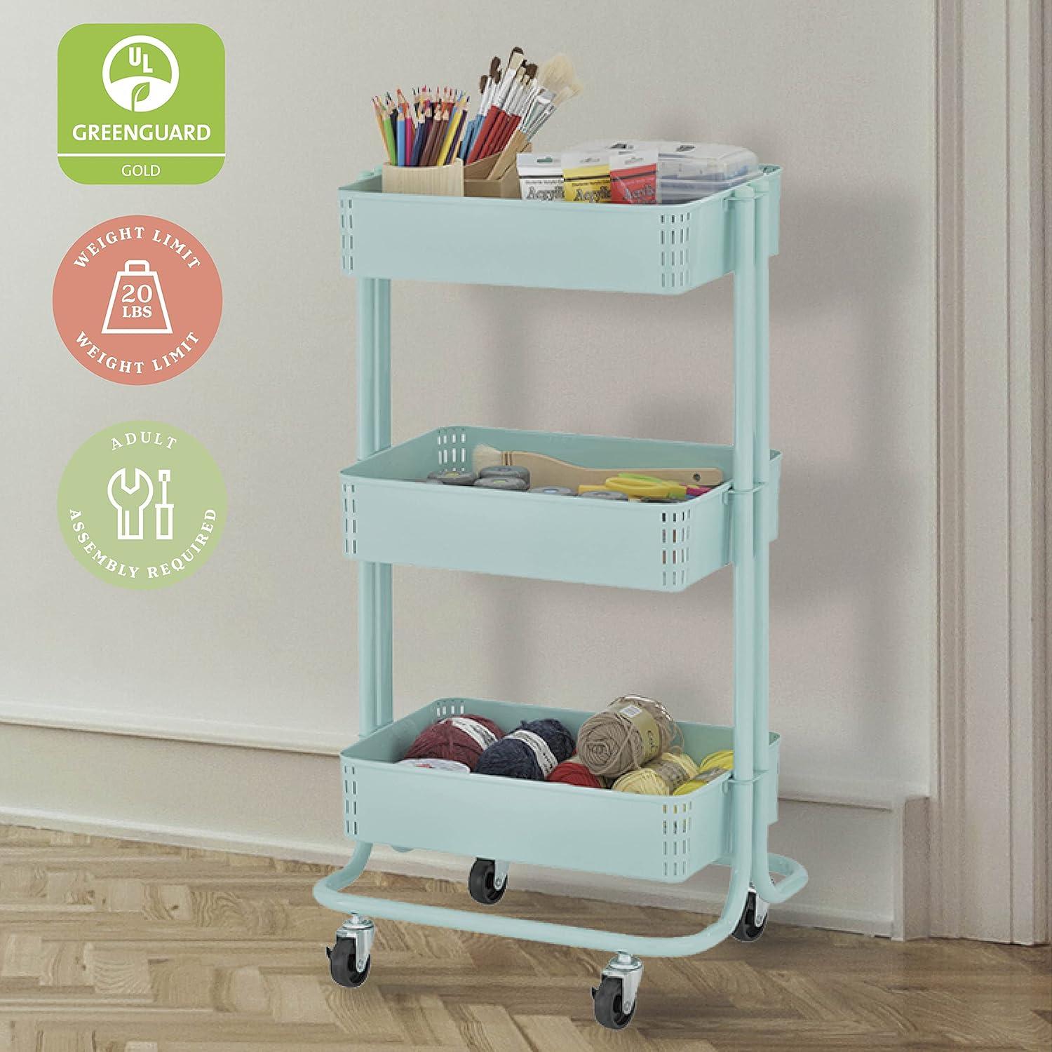 ECR4Kids 3-Tier Metal Rolling Utility Cart, Multipurpose Storage