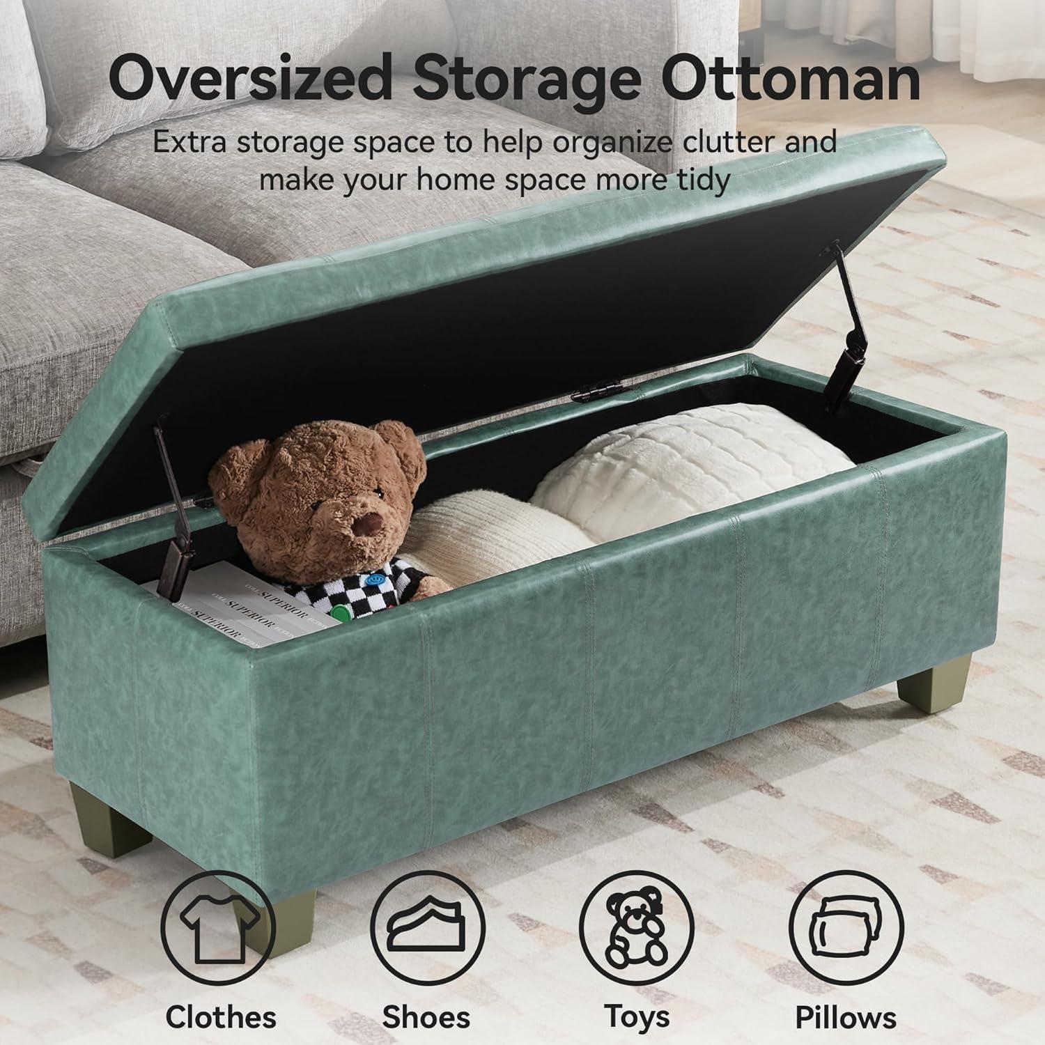 Ebern Designs Faux Leather Storage Ottoman, Rectangle Upholstered End Of Bed Storage Bench,  Stitch Tufted Bedroom Bench With Storage, Entryway Large Storage Ottoman With Wooden Legs