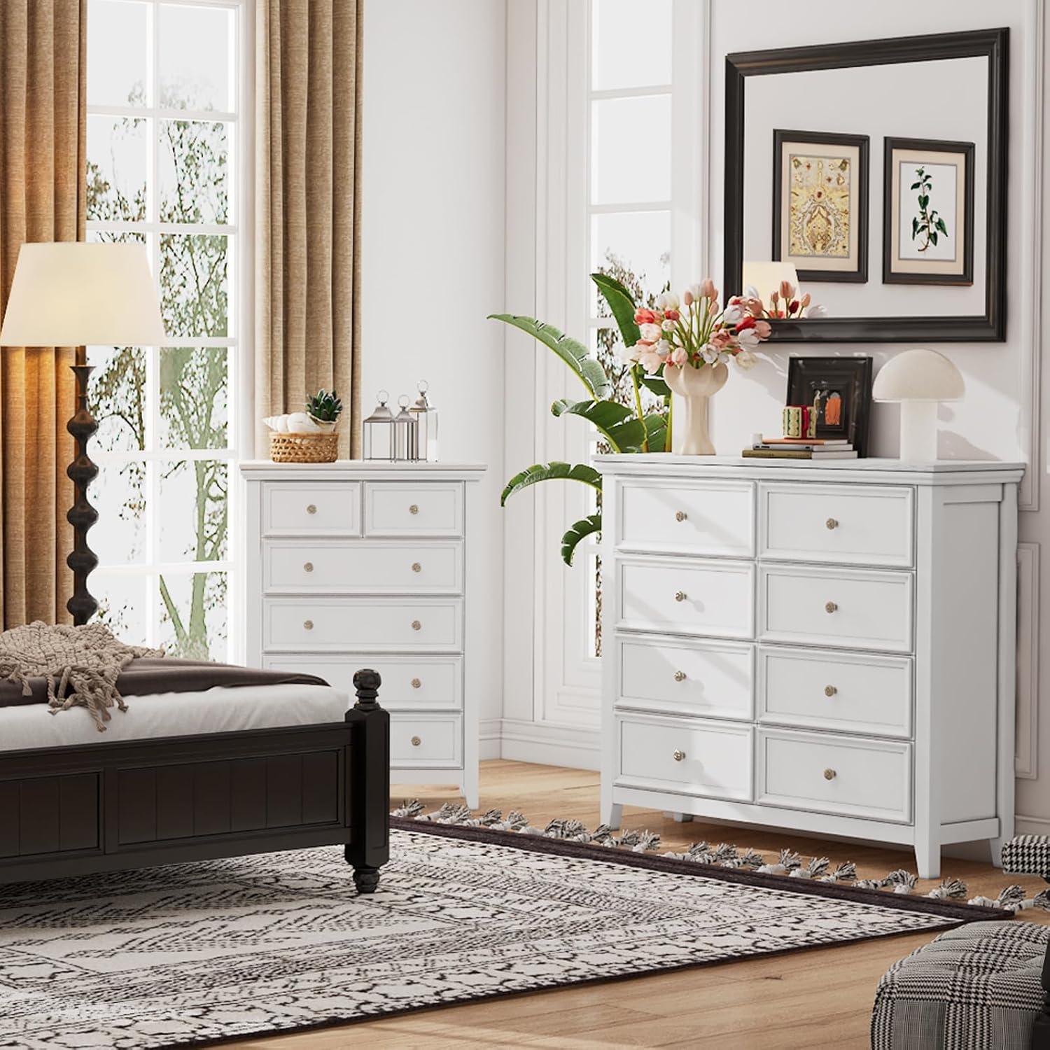 White 8-Drawer Tall Dresser with Brass Knobs