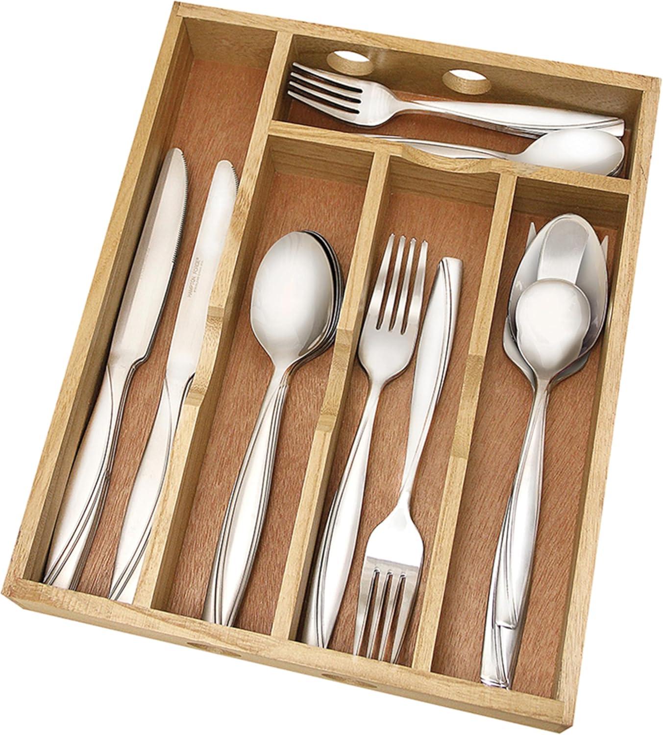 Natural Unfinished Wood Flatware Storage Caddy with Compartments