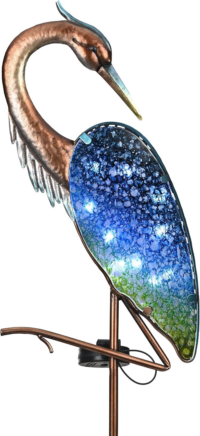 TERESA'S Collections Blue Heron Outdoor Solar Lights for Garde Decor, Metal Yard Decorations Outdoor Decorative Garden Stake for Outside, Yard Art Pathway Lights for Patio Decor 43",Gifts for Mom