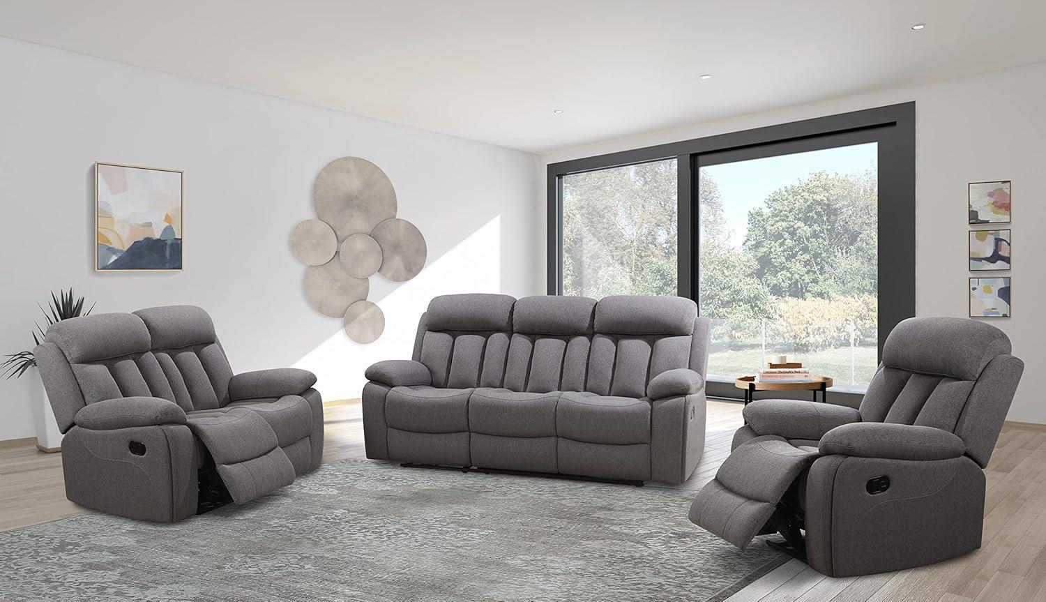 Gray Tufted Fabric Reclining 3-Piece Sofa Set with Flared Arms