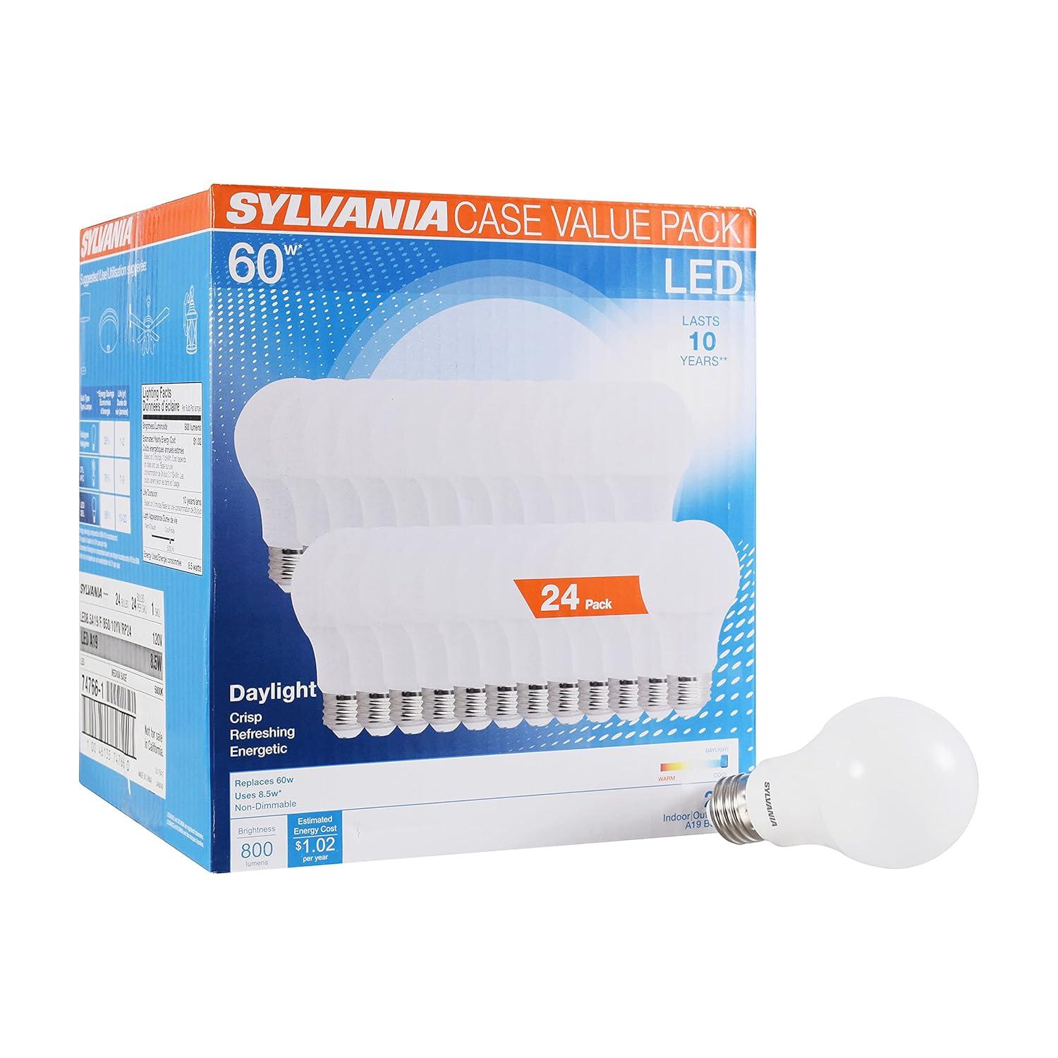 SYLVANIA General Lighting 74766 Sylvania 60W Equivalent, LED Light Bulb, A19 Lamp, Efficient 8.5W, Bright White 5000K, 24 Pack, Piece
