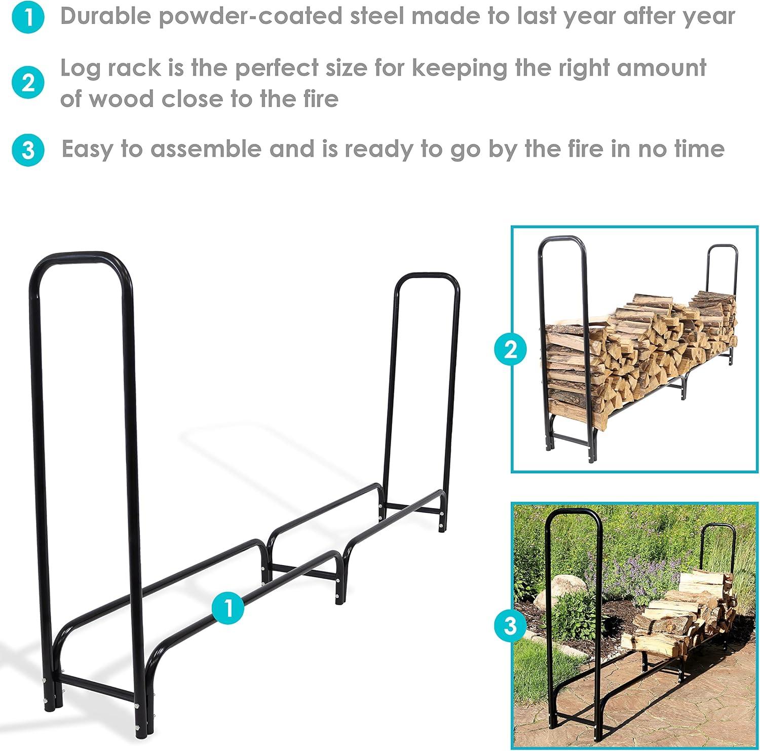 Sunnydaze Indoor/Outdoor Powder-Coated Steel Fire Pit or Fireplace Firewood Log Rack Holder - 8' - Black