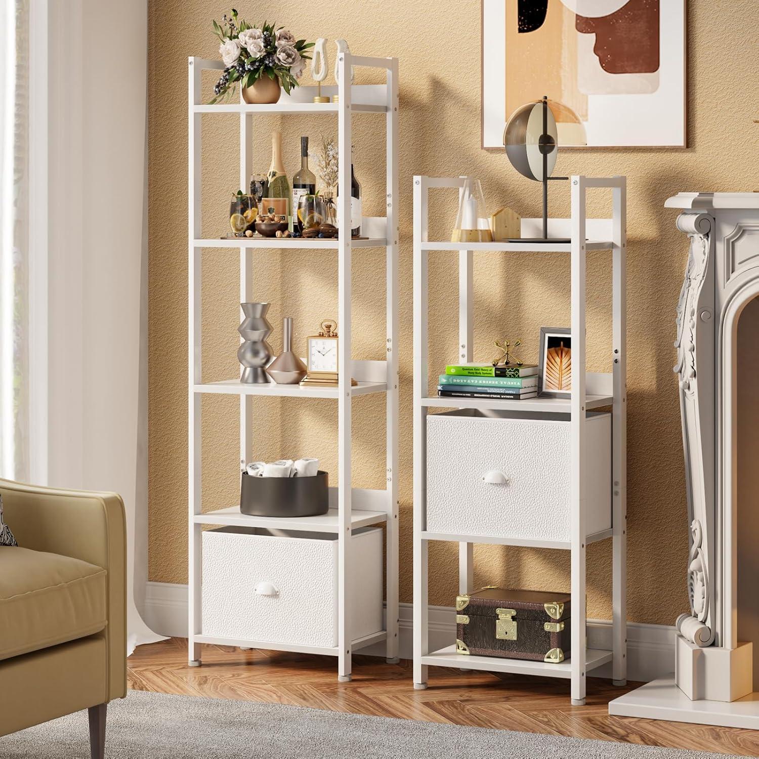 White Adjustable 5-Tier Wood and Metal Bookshelf with Drawer