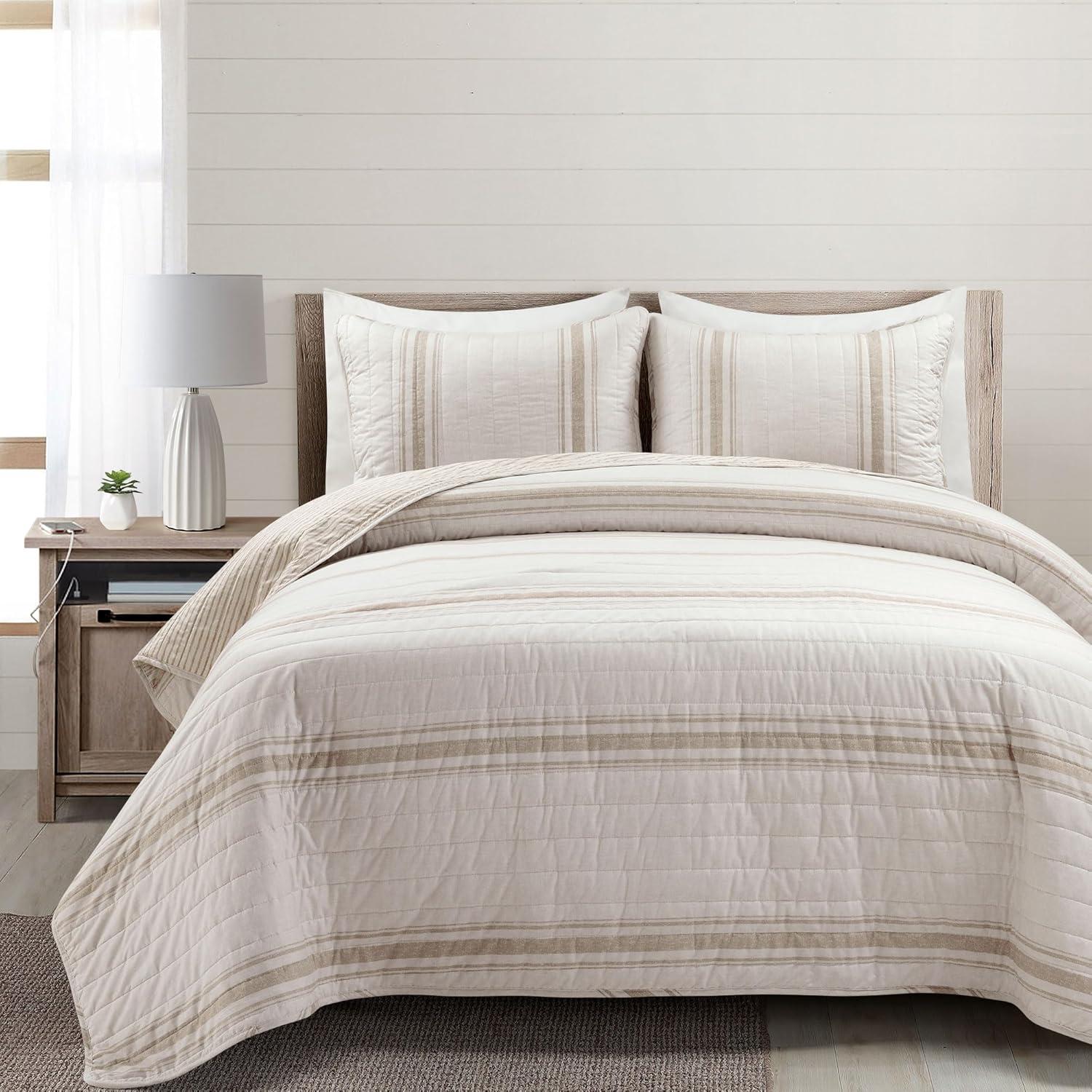 3pc Full/Queen Farmhouse Striped Reversible Quilt Bedding Set Beige - Lush Décor