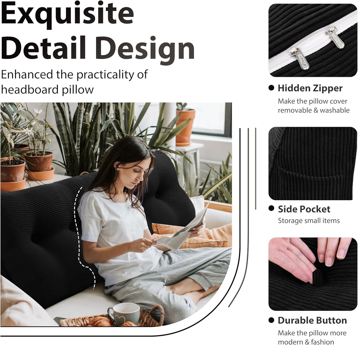 WOWMAX Triangular Reading Pillow Large Bolster Headboard Backrest Positioning Support Wedge Pillow for Day Bed Bunk Bed with Removable Cover, Corduroy Jean Blue California King