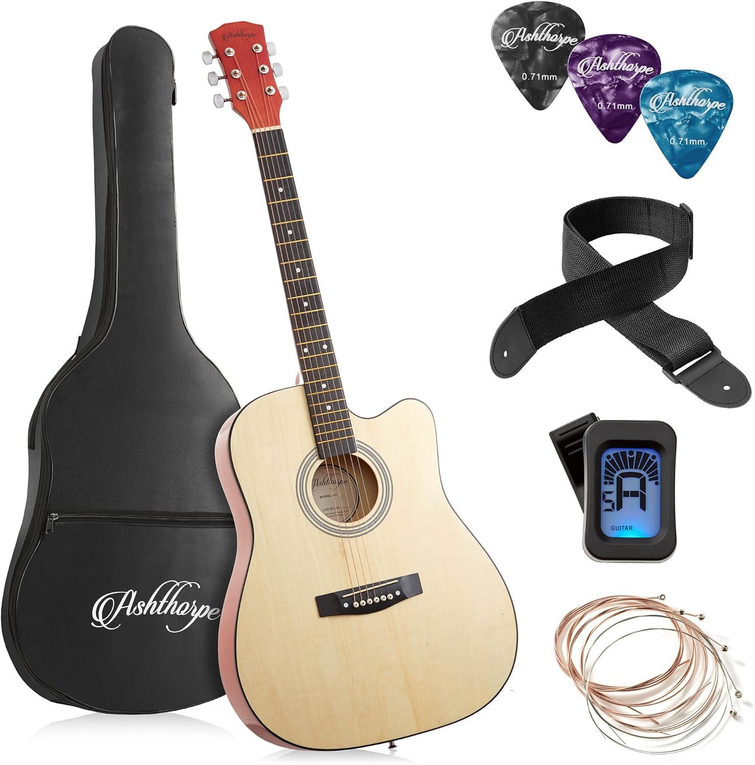 Ashthorpe 41-Inch Beginner Acoustic Guitar - Natural, Basic Starter Kit with Gig Bag and Accessories