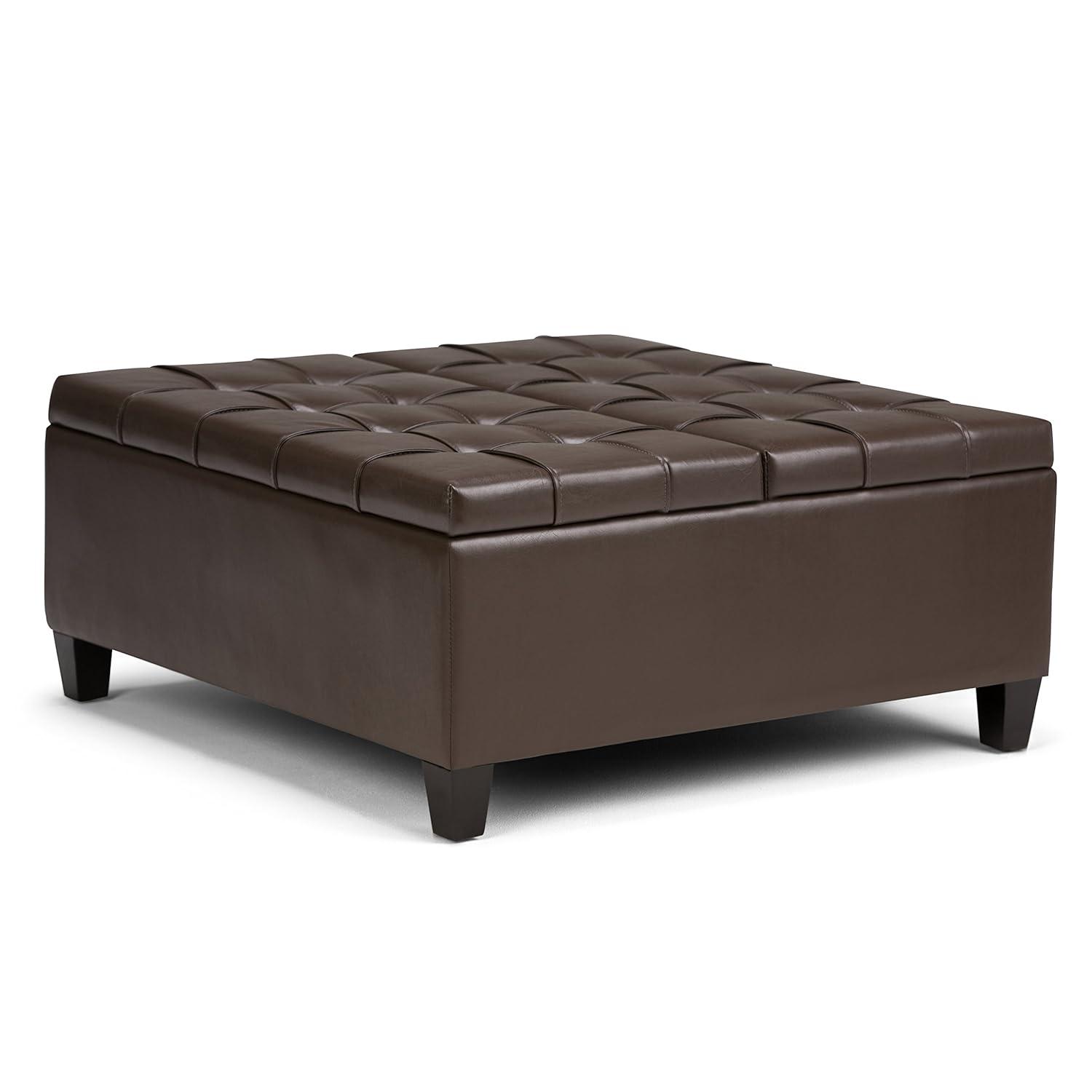 Simpli Home Harrison 36"W Upholstered Square Coffee Table Storage Ottoman with Split Lift Top