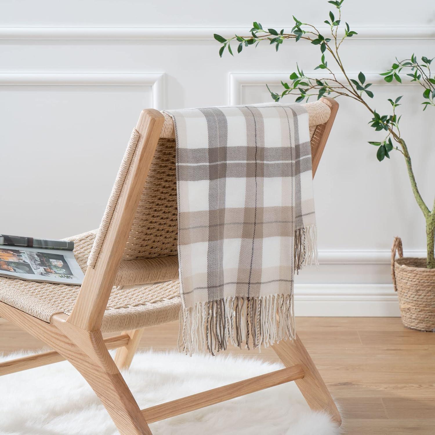 Grey and White Knitted Wool Plaid Throw Blanket 50"x60"