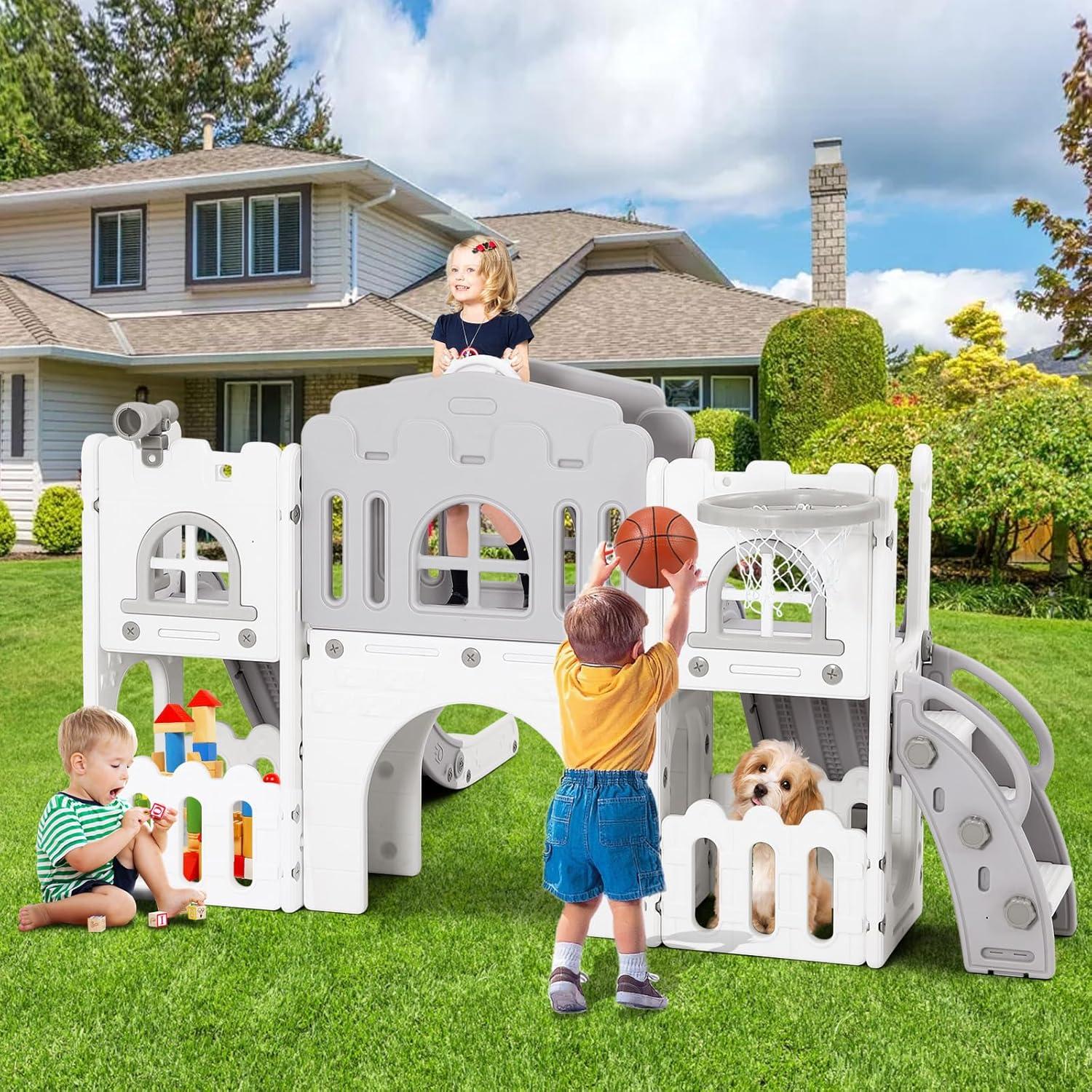 10 in 1 Toddler Slide, Age 1-3 with Swing, Basketball Hoop and Telescope, Kid Slide for Toddlers, Indoor Outdoor Playset Toddler Playground