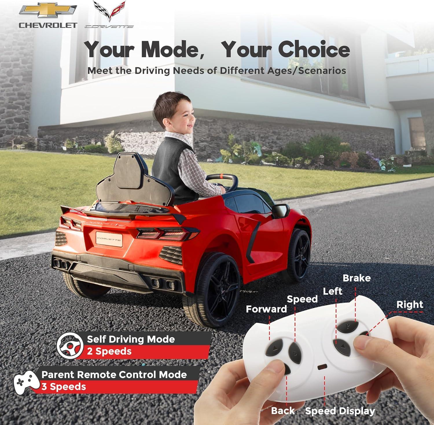 FUNTOK Licensed Chevrolet Corvette C8 12V Kids Electric Ride on Car Toy, Battery Powered Car Truck with Remote Control, Bluetooth, 3 Speeds, LED Headlight, Music Player & Spring Suspension, Red