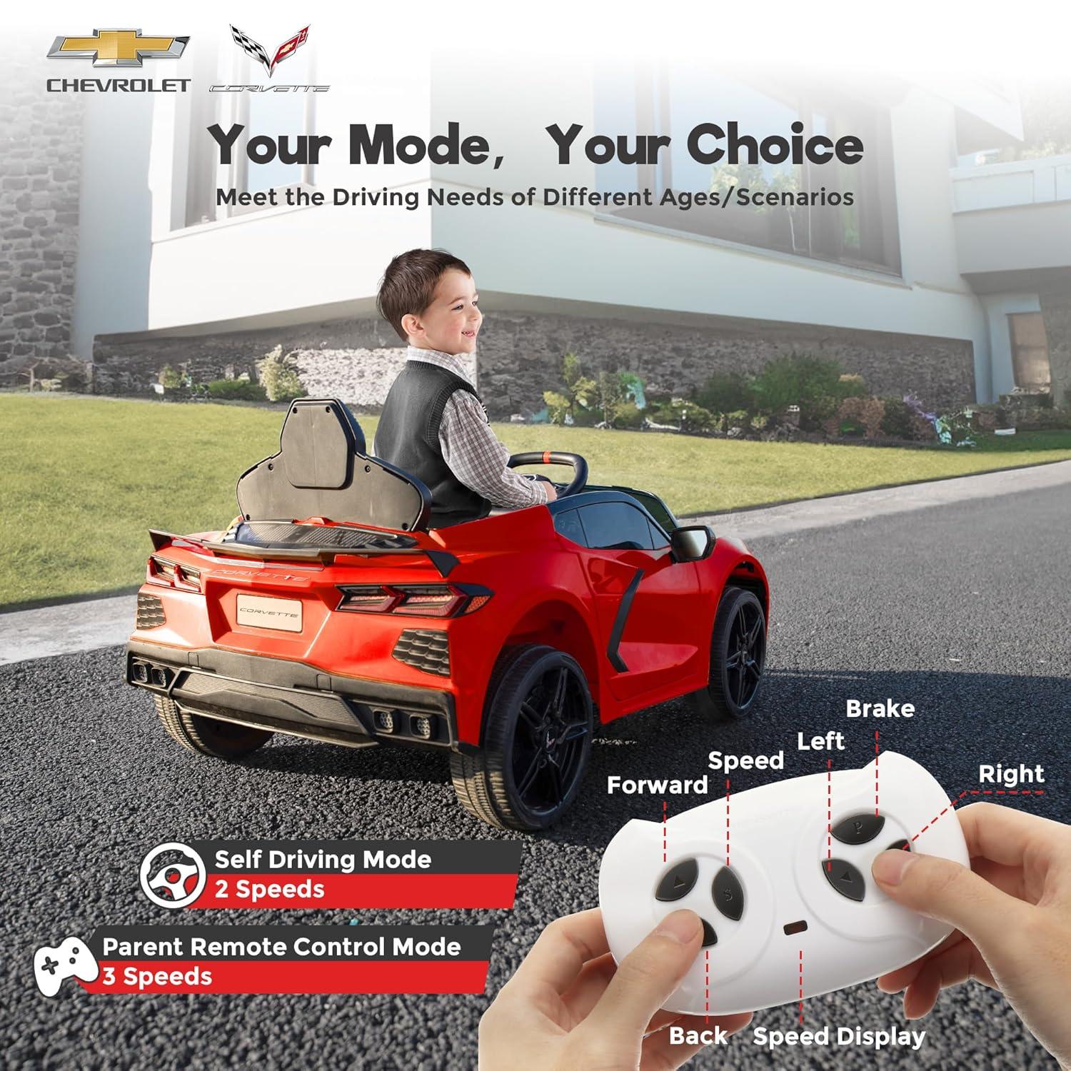 FUNTOK Licensed Chevrolet Corvette C8 12V Kids Electric Ride on Car Toy, Battery Powered Car Truck with Remote Control, Bluetooth, 3 Speeds, LED Headlight, Music Player & Spring Suspension, Red