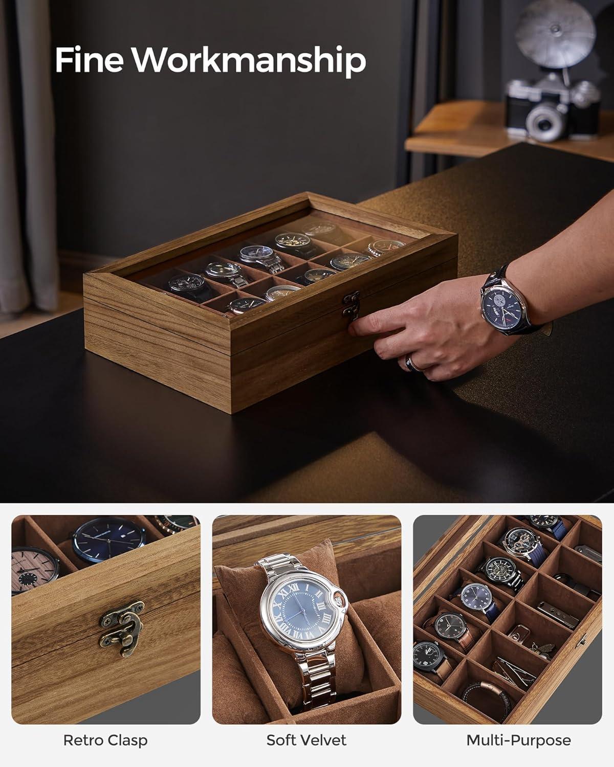 Rustic Walnut 12-Slot Wooden Watch Box with Glass Lid