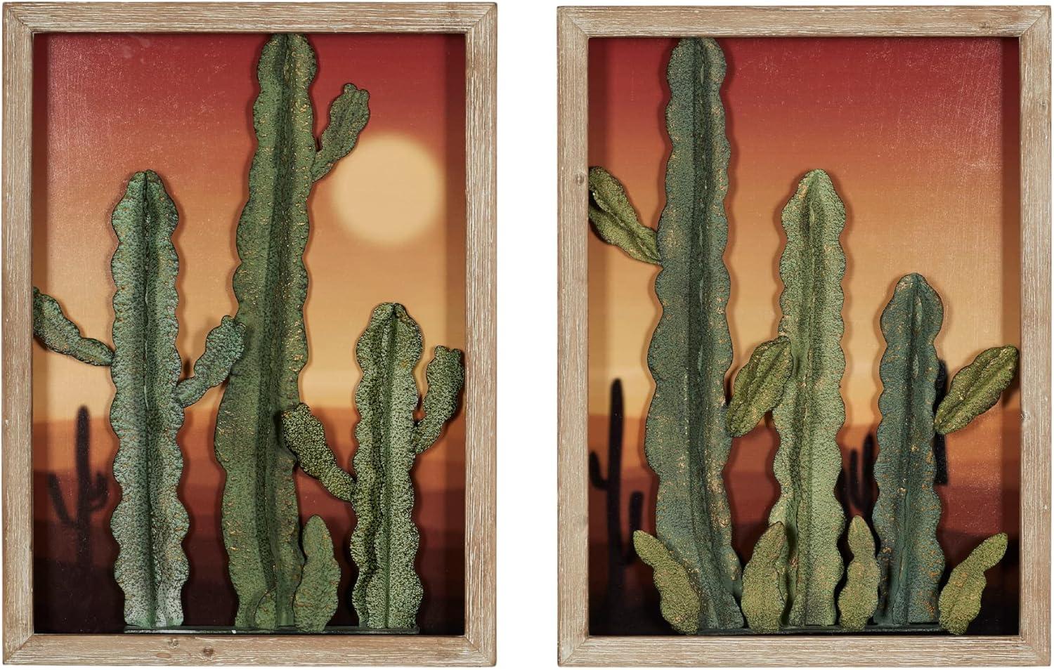 Desert at Sunset Southwest Cactus Wall Art Set of Two, 3D Metal Cacti in Front of Majestic Desert Print, Each Panel is 21 by 16 Inches, 2 Inch Depth Set of 2