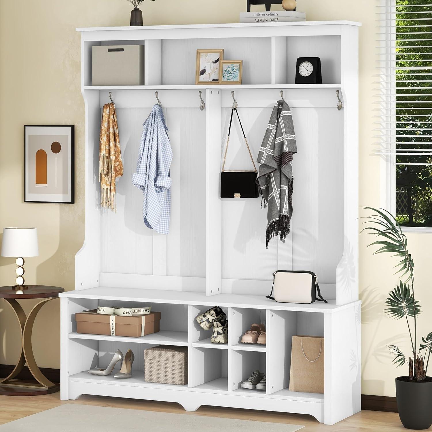 Modern Hallway Hall Tree with Metal Hooks and Storage Space, Multi-Functional Entryway Coat Rack with Shoe Cubbies