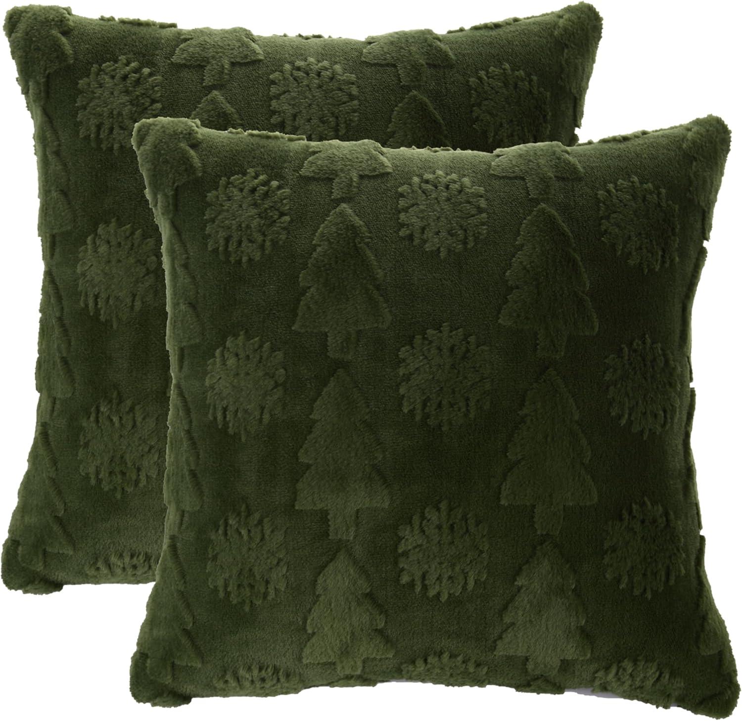 Dark Green Polyester Euro Christmas Tree Pillow Covers, 18x18 Inch, Set of 2