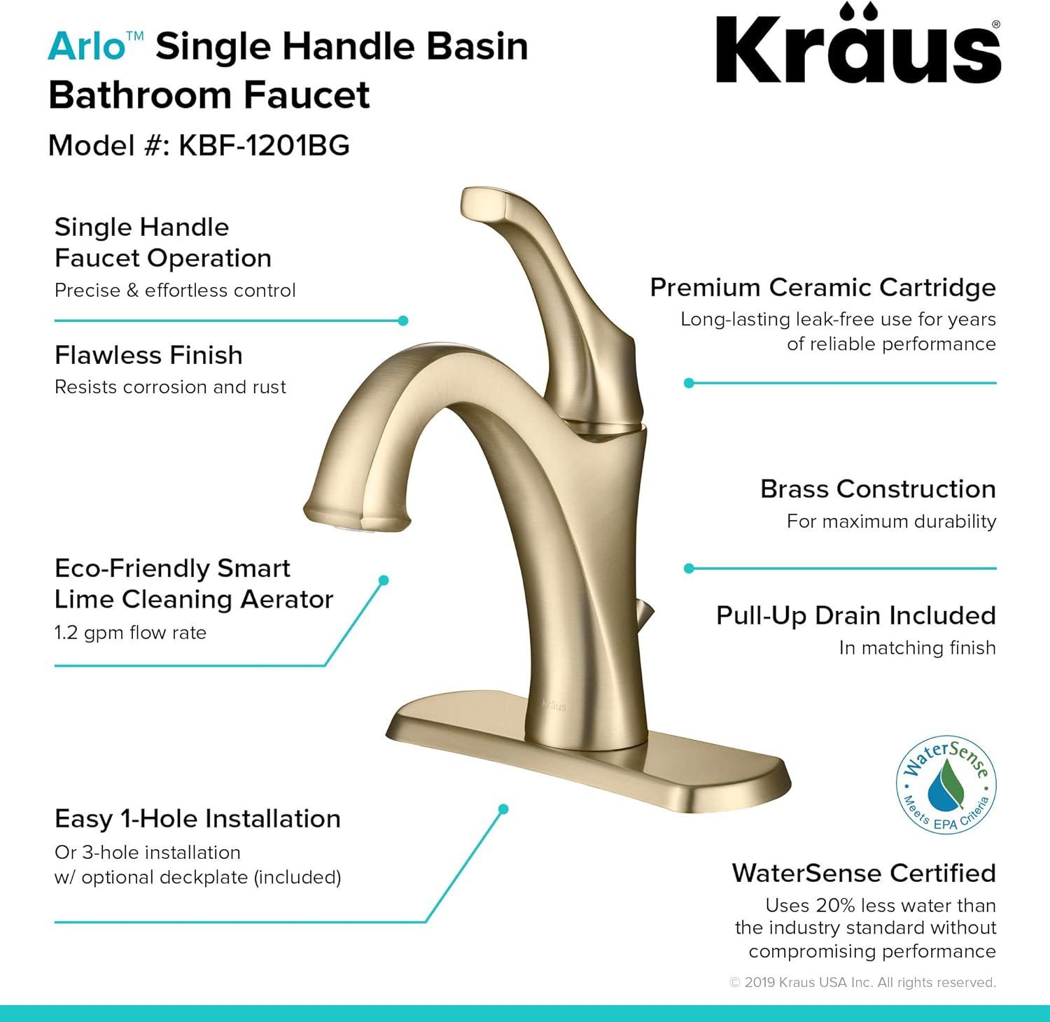 Kraus Arlo Single Hole 1-Handle WaterSense Bathroom Sink Faucet with Drain and Deck Plate