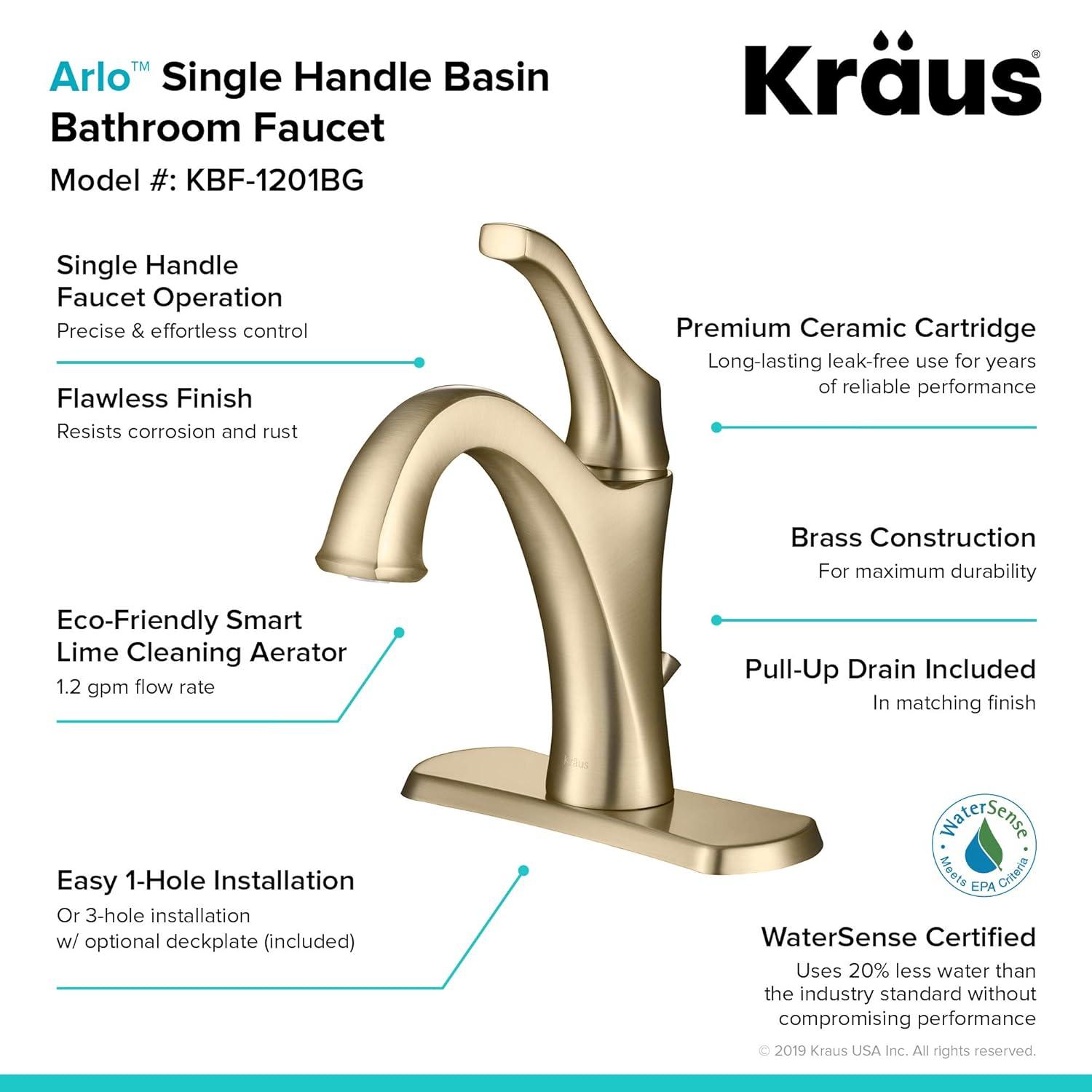 Kraus Arlo Single Hole 1-Handle WaterSense Bathroom Sink Faucet with Drain and Deck Plate