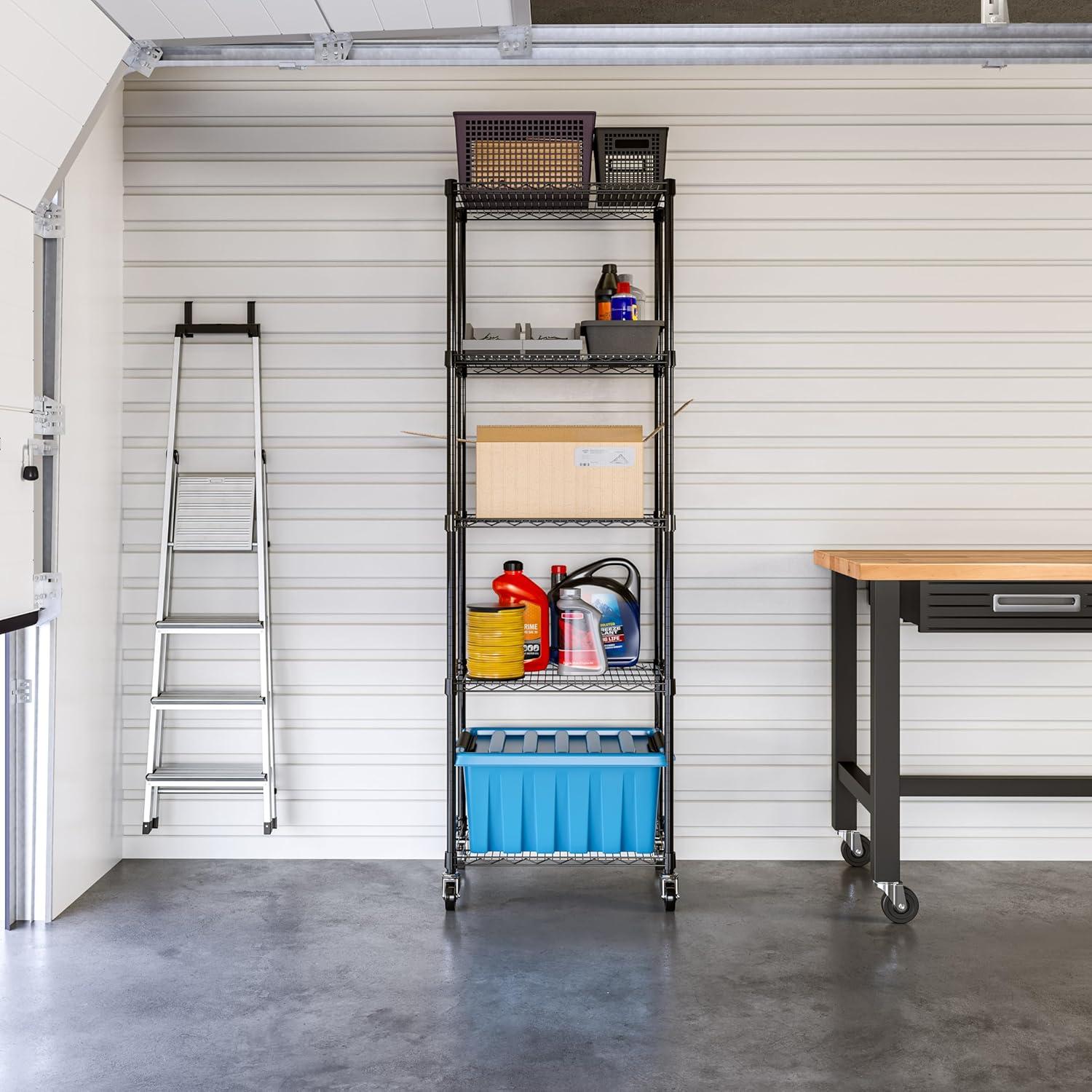 Black Adjustable 5-Tier Steel Wire Shelving Unit with Wheels