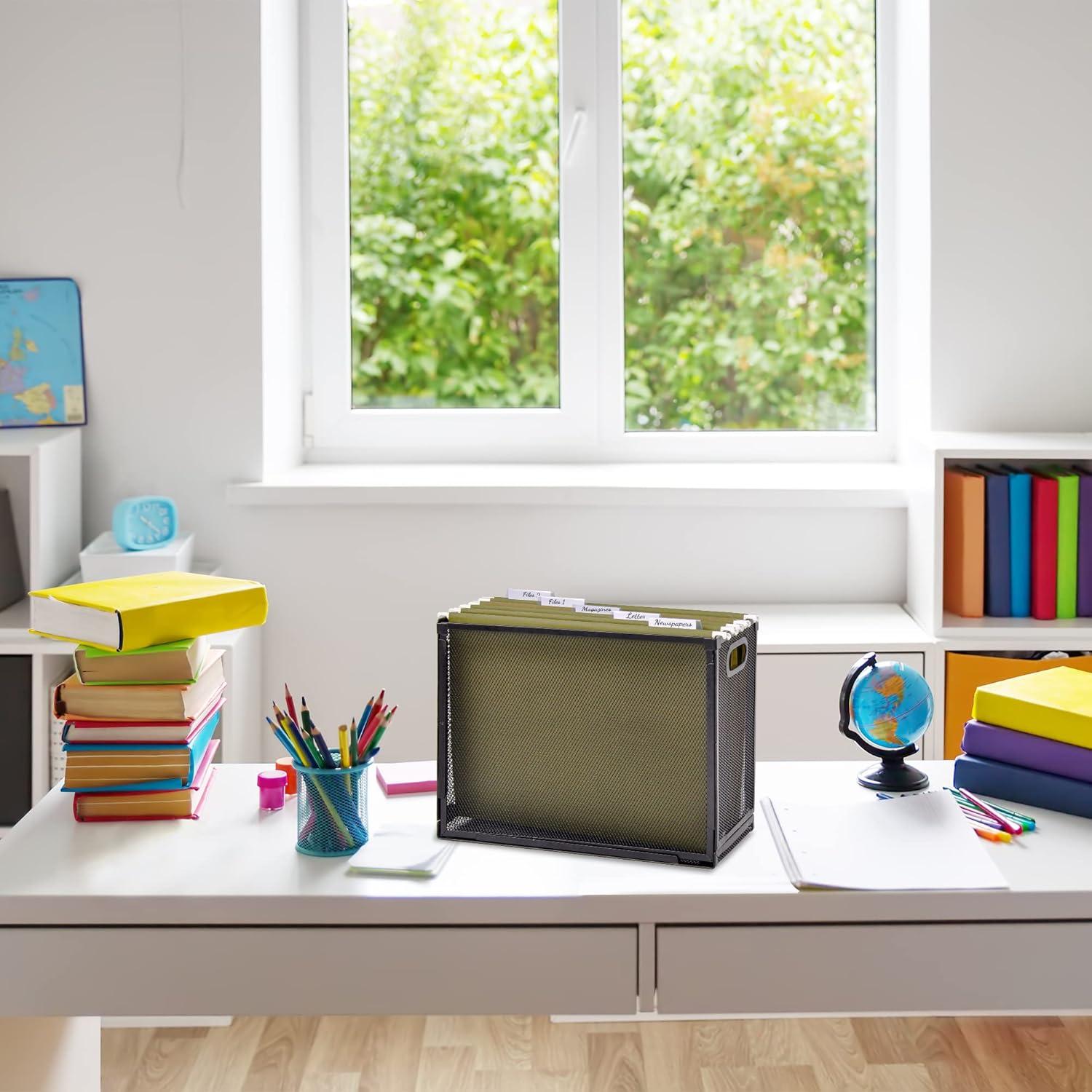 EASEPRES Desk Hanging File Organizer with 5 Folders, Mesh Metal Letter-Size Desktop File Holder Box for Filing Folder Storage Basket, 1 Pack Black, 12.2 x 9.45 x 5.45 inches