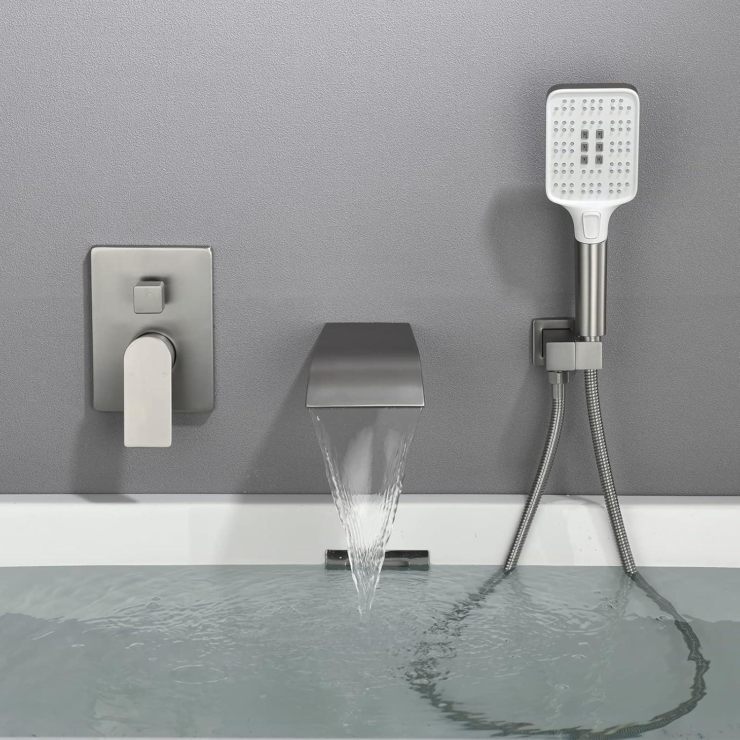 Brushed Nickel Wall-Mount Waterfall Tub Faucet with Hand Shower